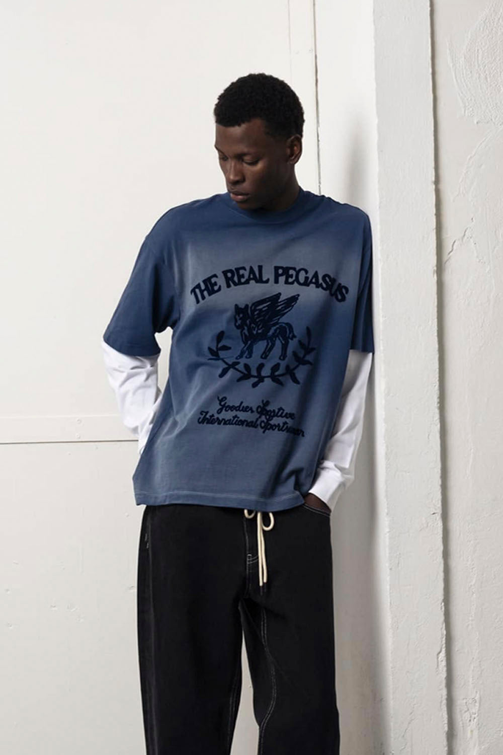 Goodies Sportive Real Pegasus Tee in Blue - Men's Washed Oversized Graphic T-Shirt at Pukas Surf Shop
