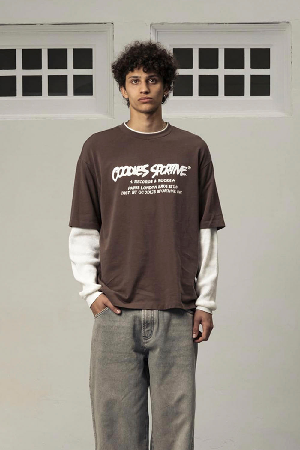 Goodies Sportive Records Long Sleeve Tee in Brown Ecru - Men's Oversized Graphic T-Shirt at Pukas Surf Shop
