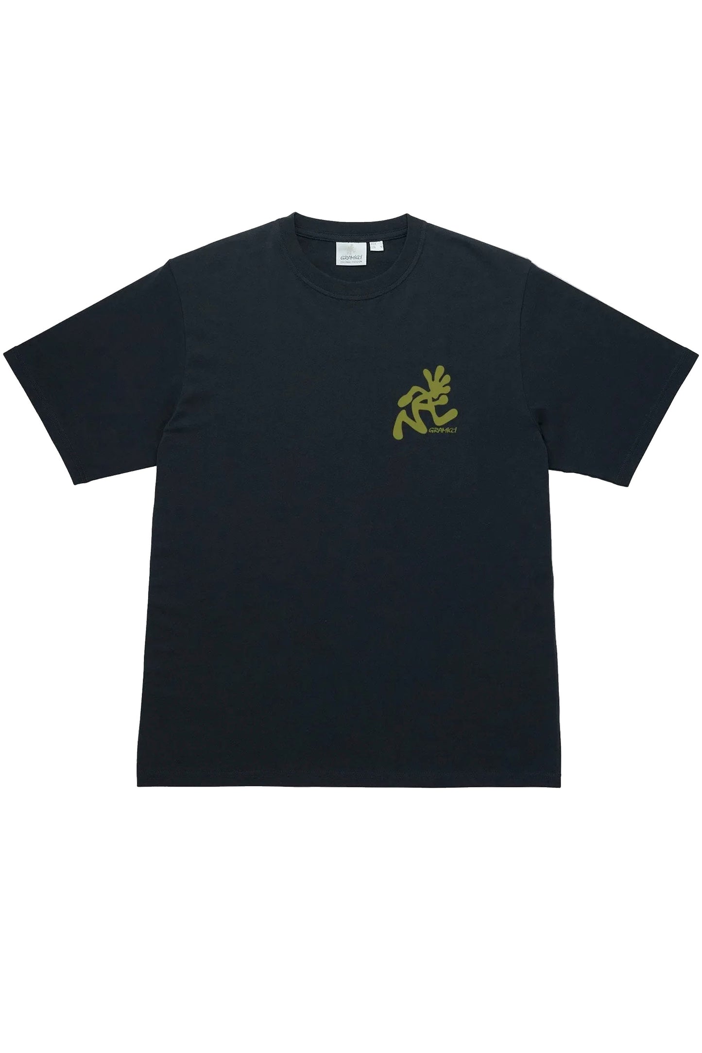 Black Gramicci Running Man Tee with a yellow logo on a white background