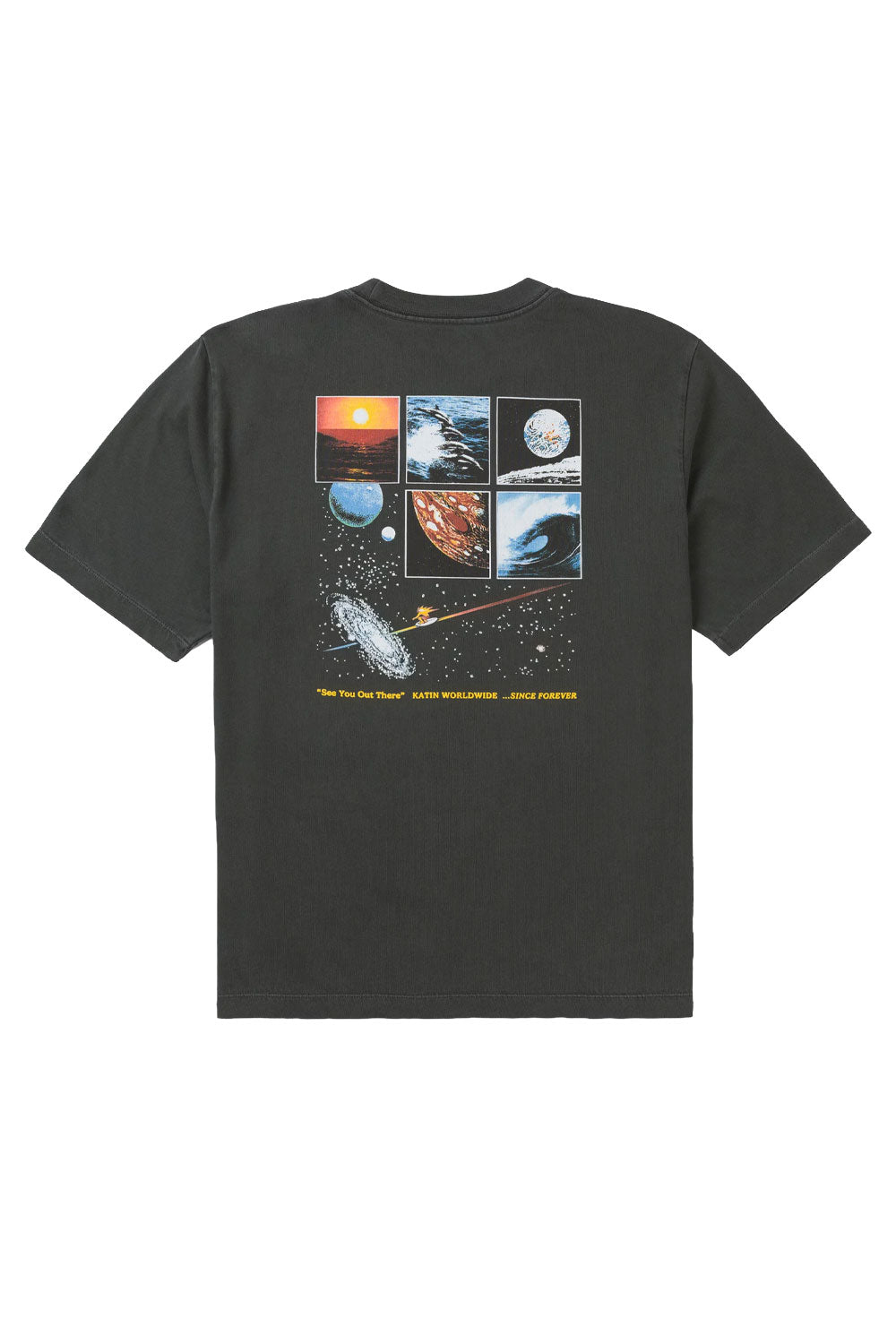 Black t-shirt with space-themed graphic on a white background