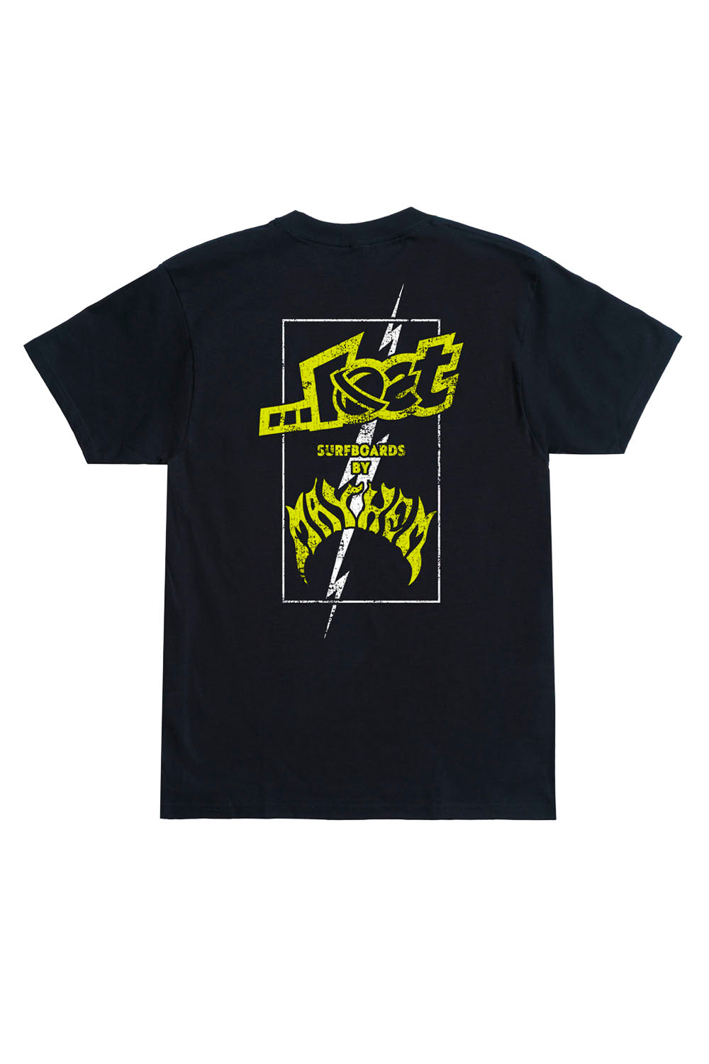 A black short-sleeve t-shirt shown from the back, featuring a large graphic print in neon yellow and white. The graphic includes the text '.