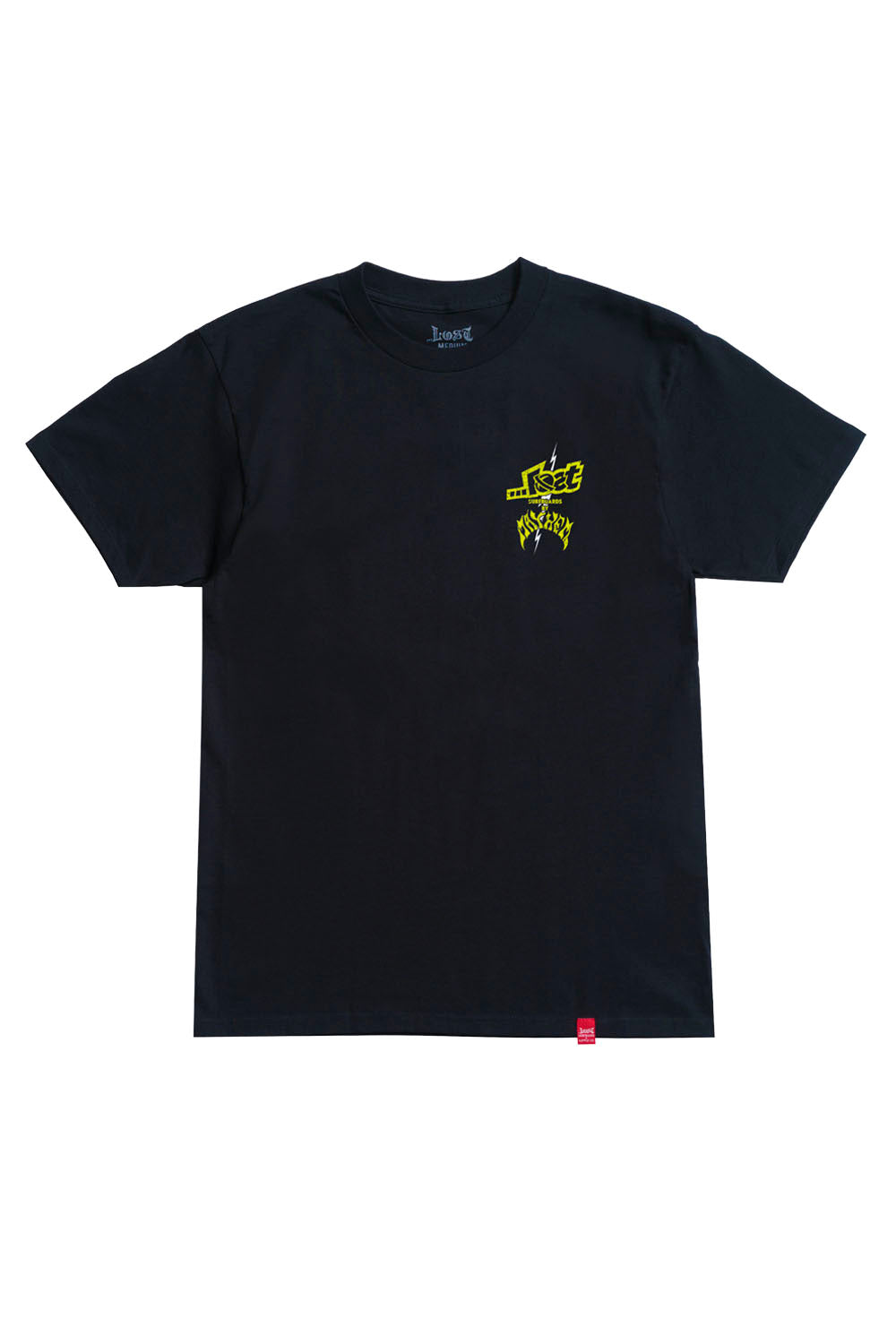 A black short-sleeve crewneck t-shirt with a small yellow graphic on the left chest and a tiny red tag at the bottom hem, displayed flat against a white background.