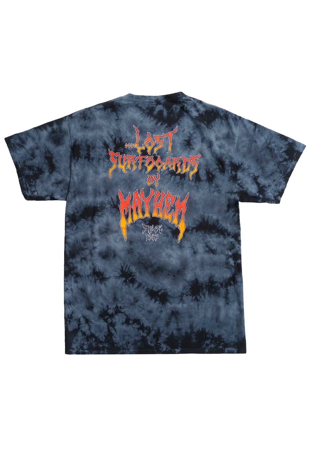 A short-sleeve crewneck t-shirt featuring a dark blue and black tie-dye pattern, with a large graphic on the back in red, orange, and yellow flame-style lettering that reads 'Last Standers of Mayhem'.