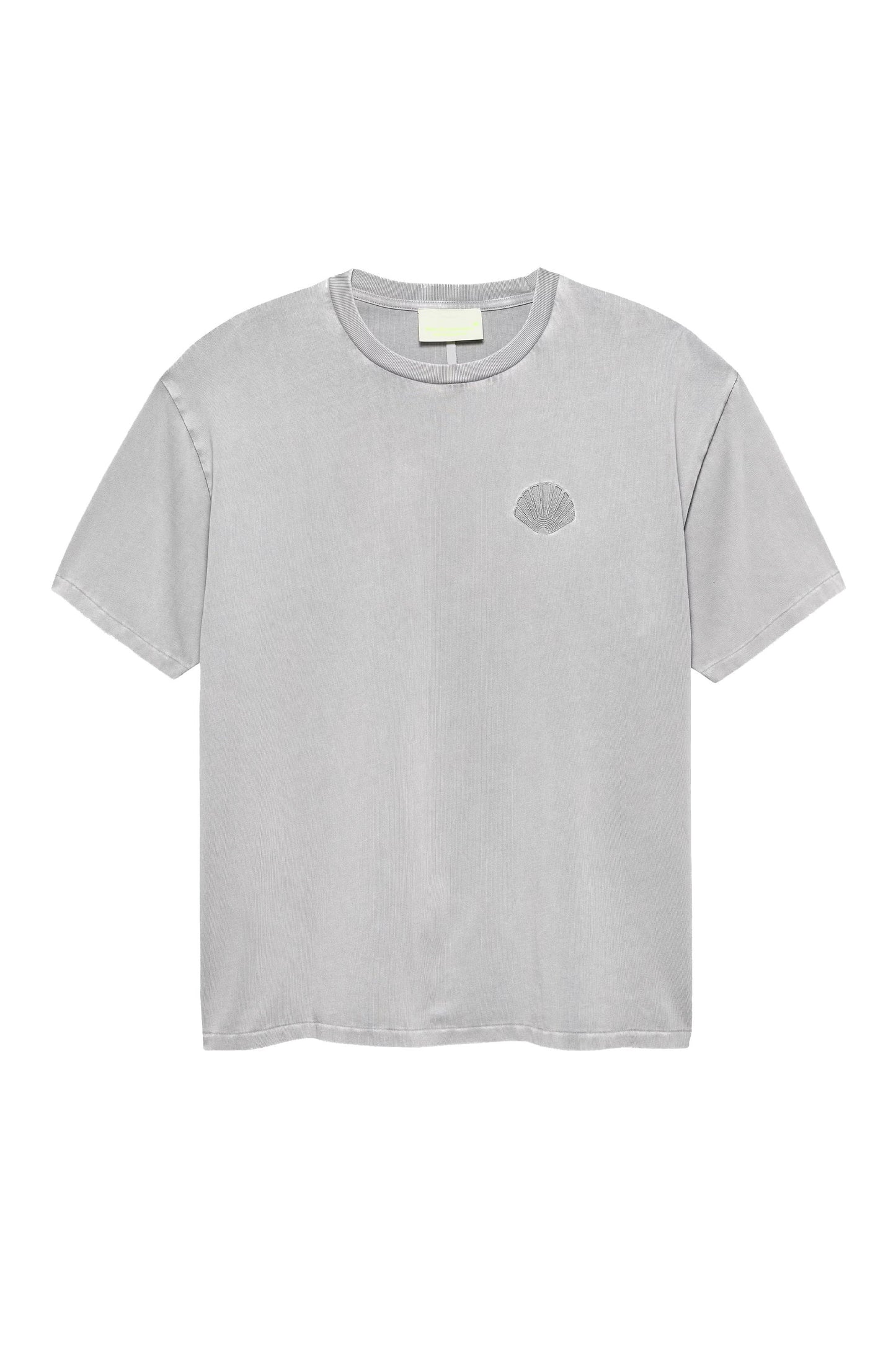Gray t-shirt with a small logo on a white background