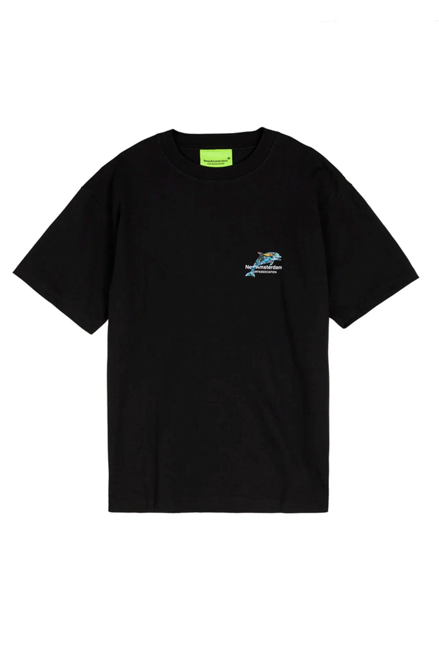 Black t-shirt with a small logo on a white background