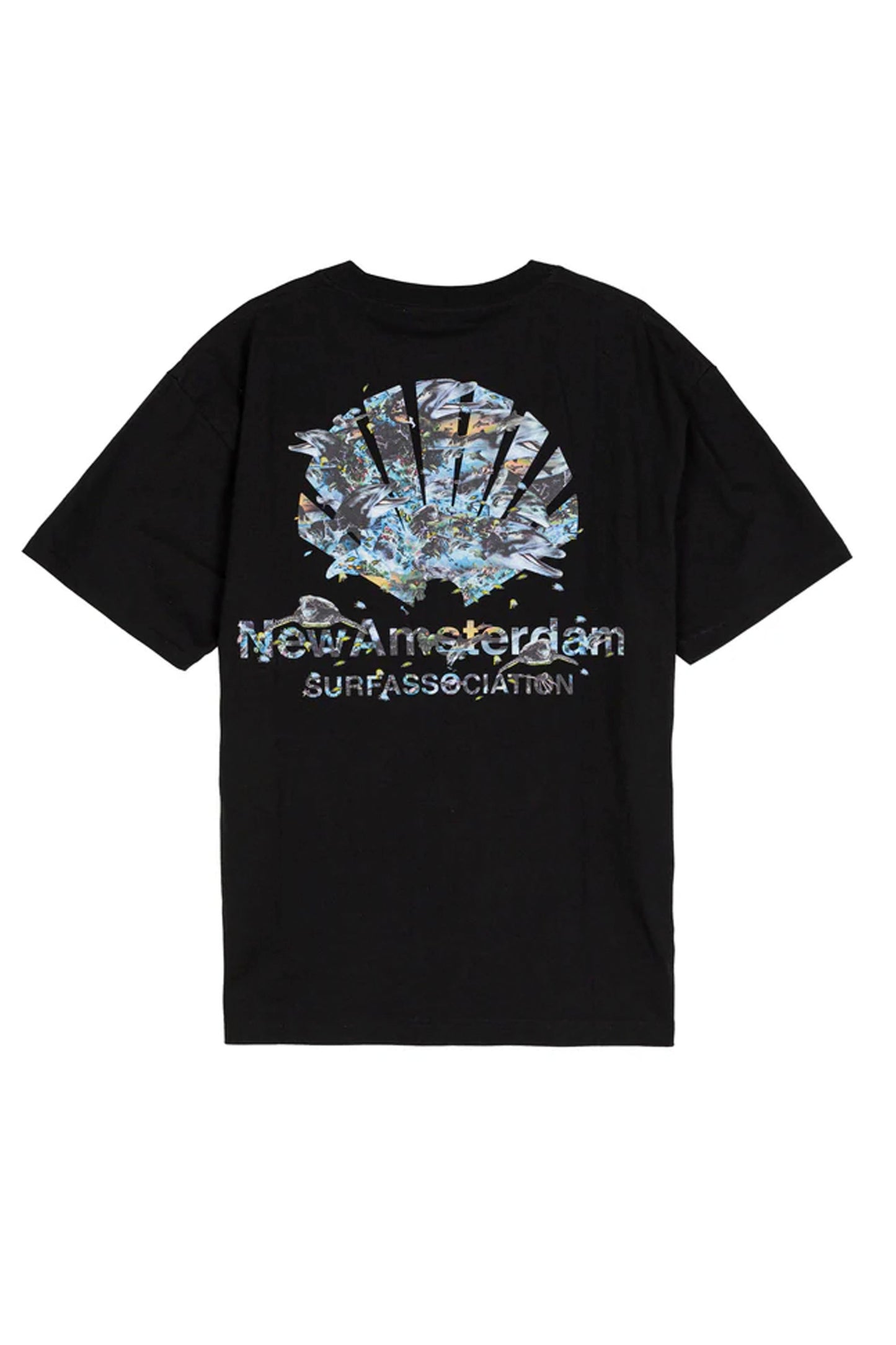 Black t-shirt with a graphic design and text on a white background