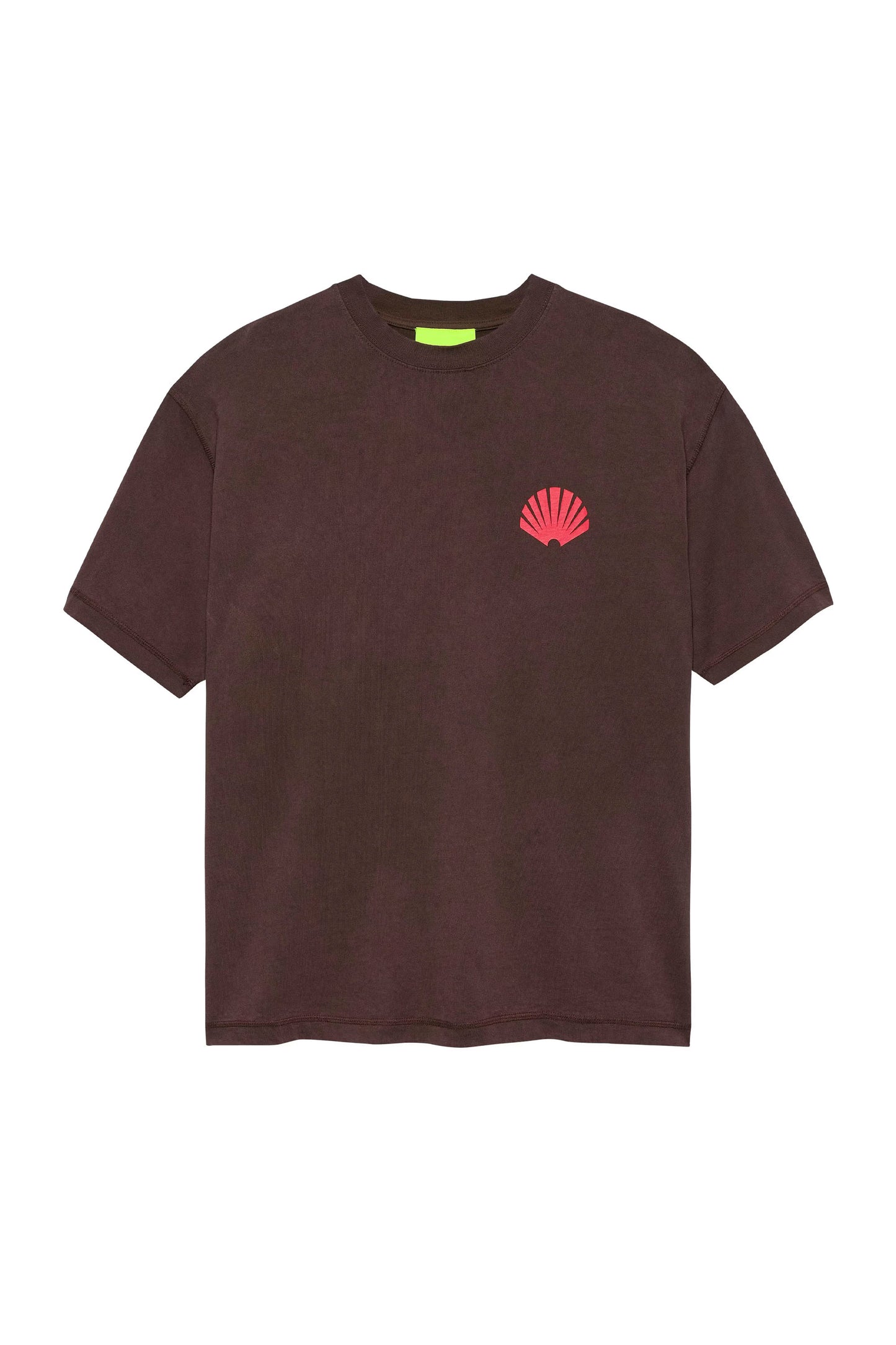 Brown t-shirt with a red logo on a white background