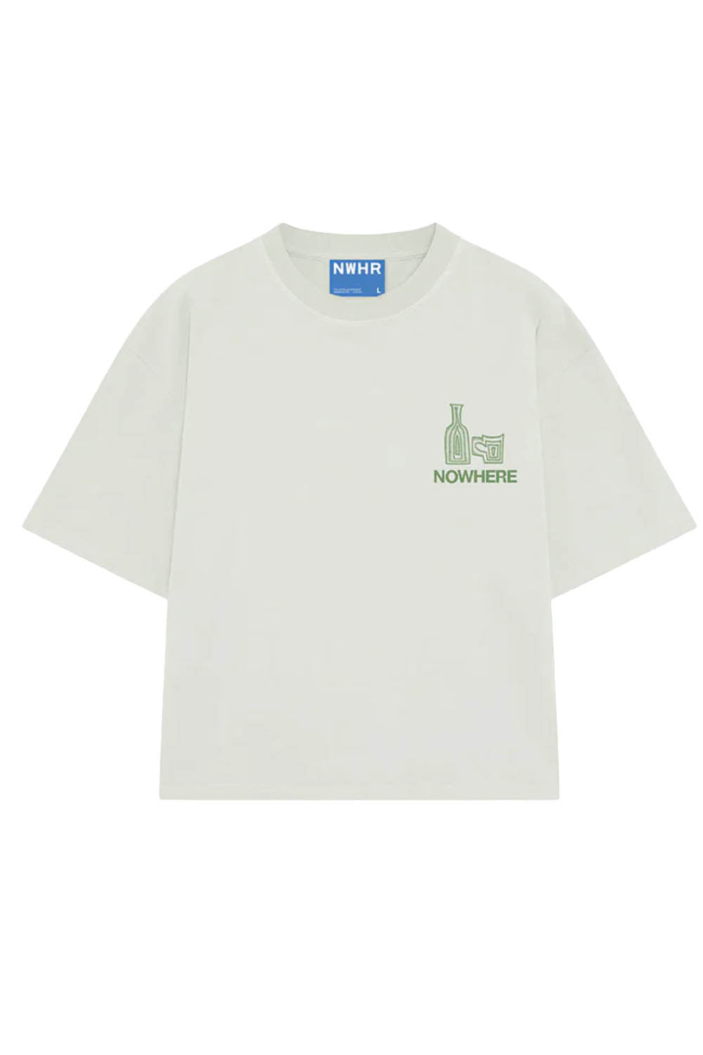 White t-shirt with green text and logo on a white background