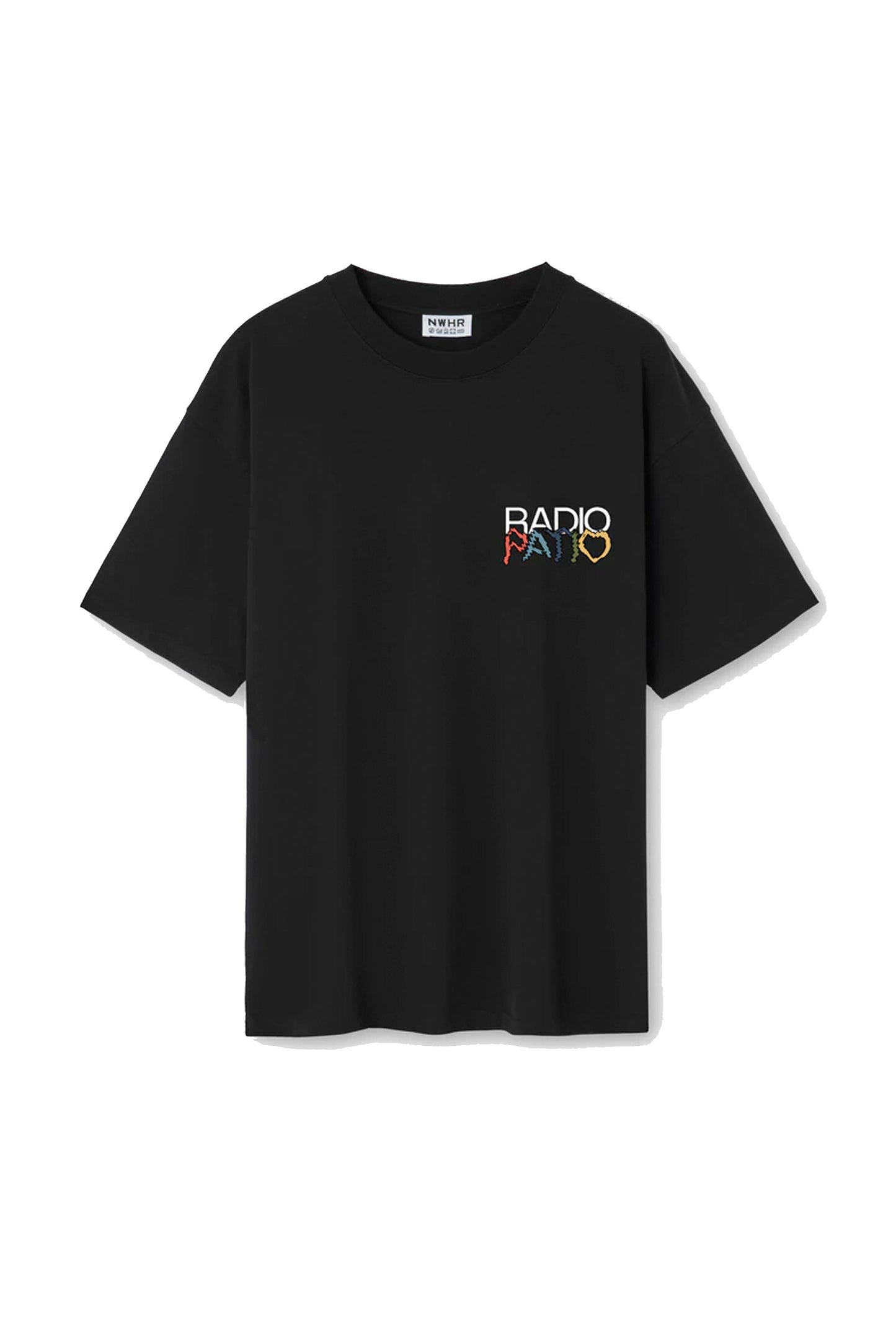 Black NWHR t-shirt with 'RADIO PATIO' logo on a white background