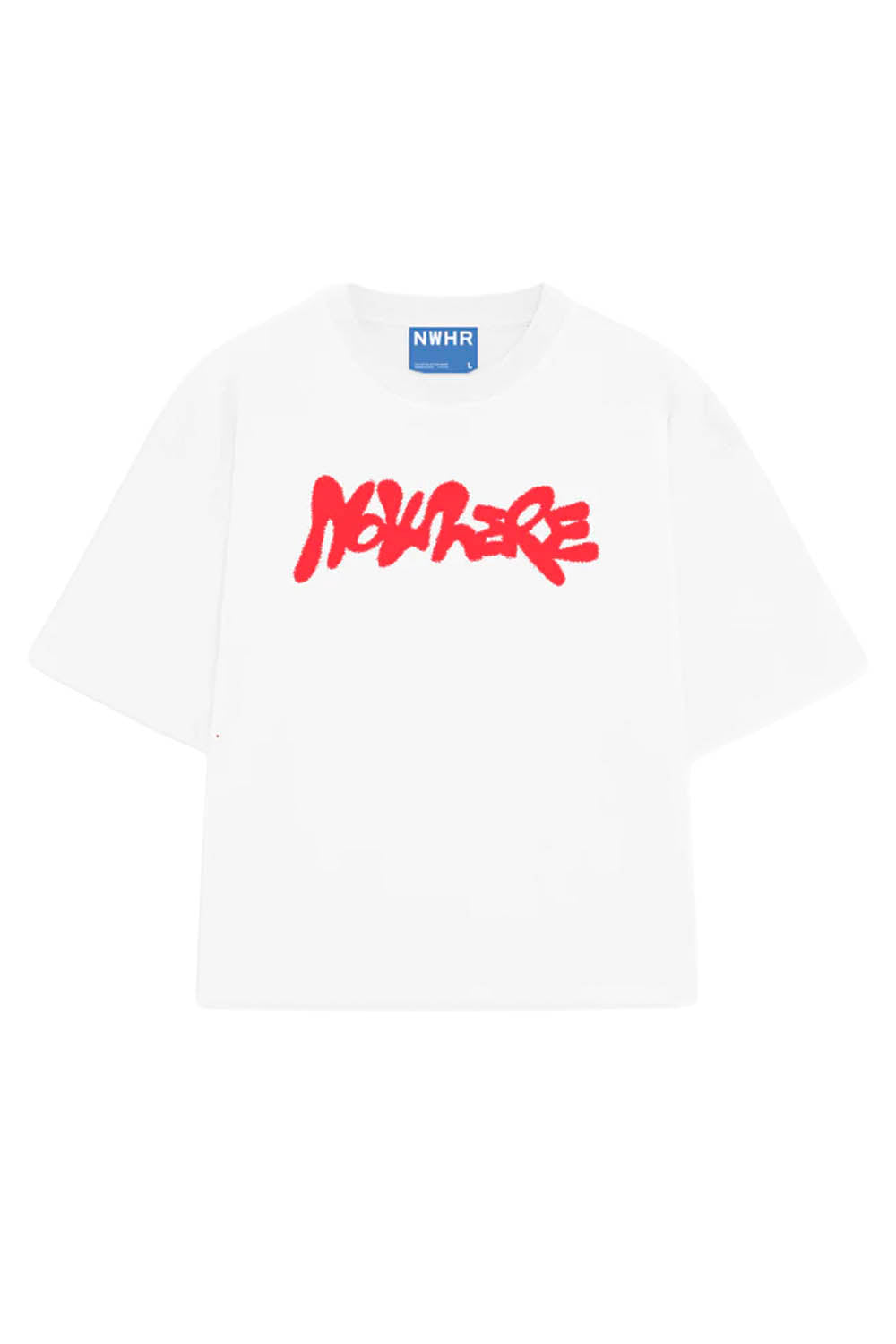 White t-shirt with red text and a blue logo on a white background
