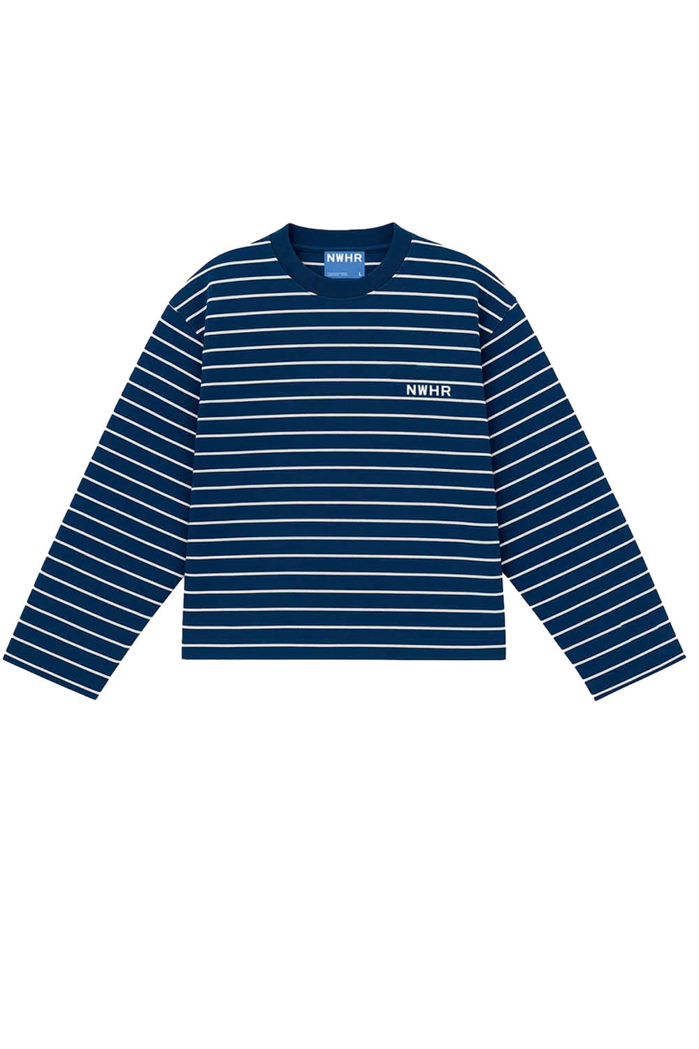 Navy and white striped long-sleeve shirt with a brand logo on a white background