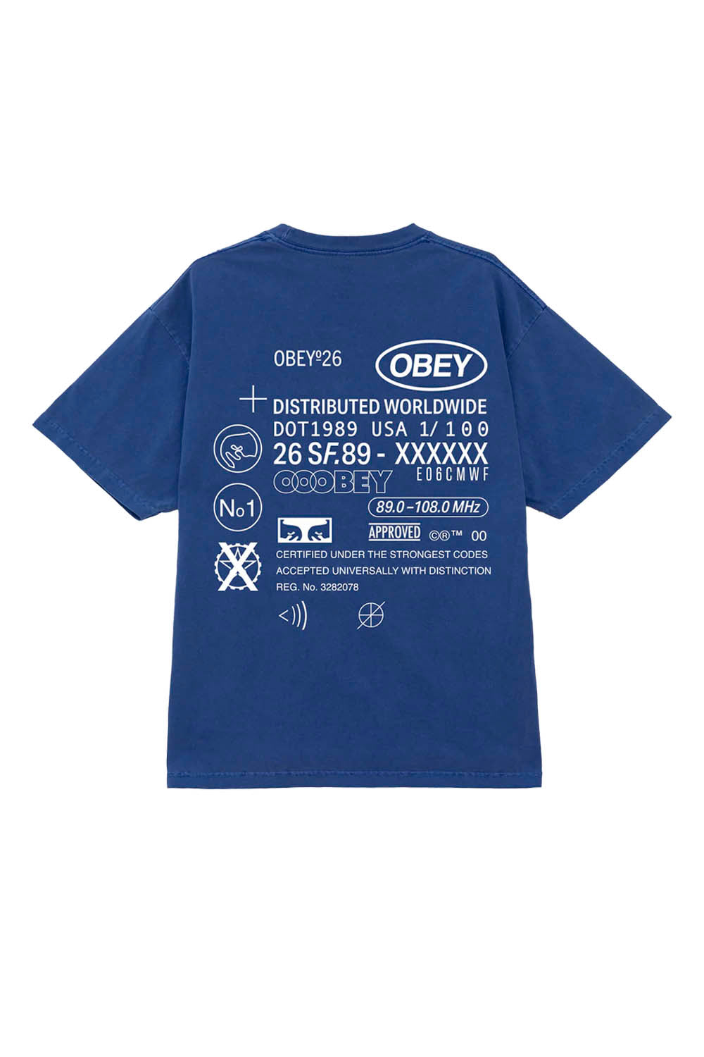 Blue t-shirt with white text and graphics on a white background
