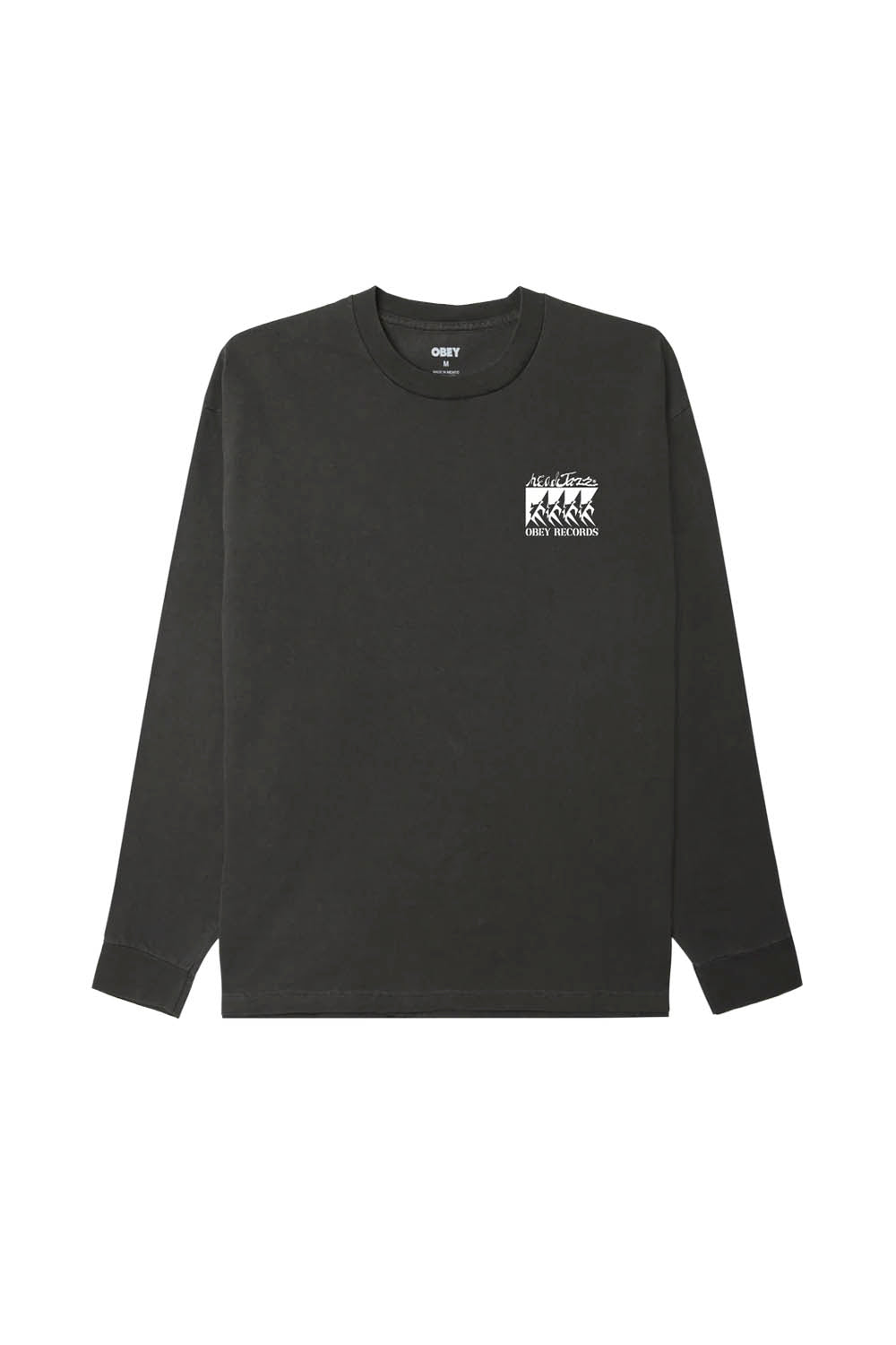 Black long-sleeve shirt with a small white logo on a white background
