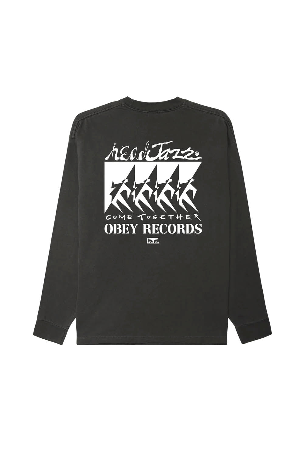 Black long-sleeve shirt with white graphic design on a white background