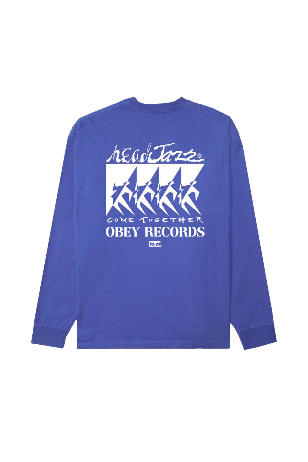 Blue long-sleeve shirt with white graphic design on a white background