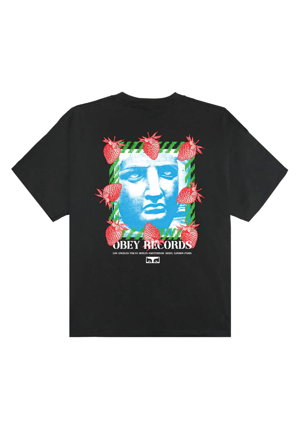 Black t-shirt with a graphic design on the back featuring a face and text, on a white background.