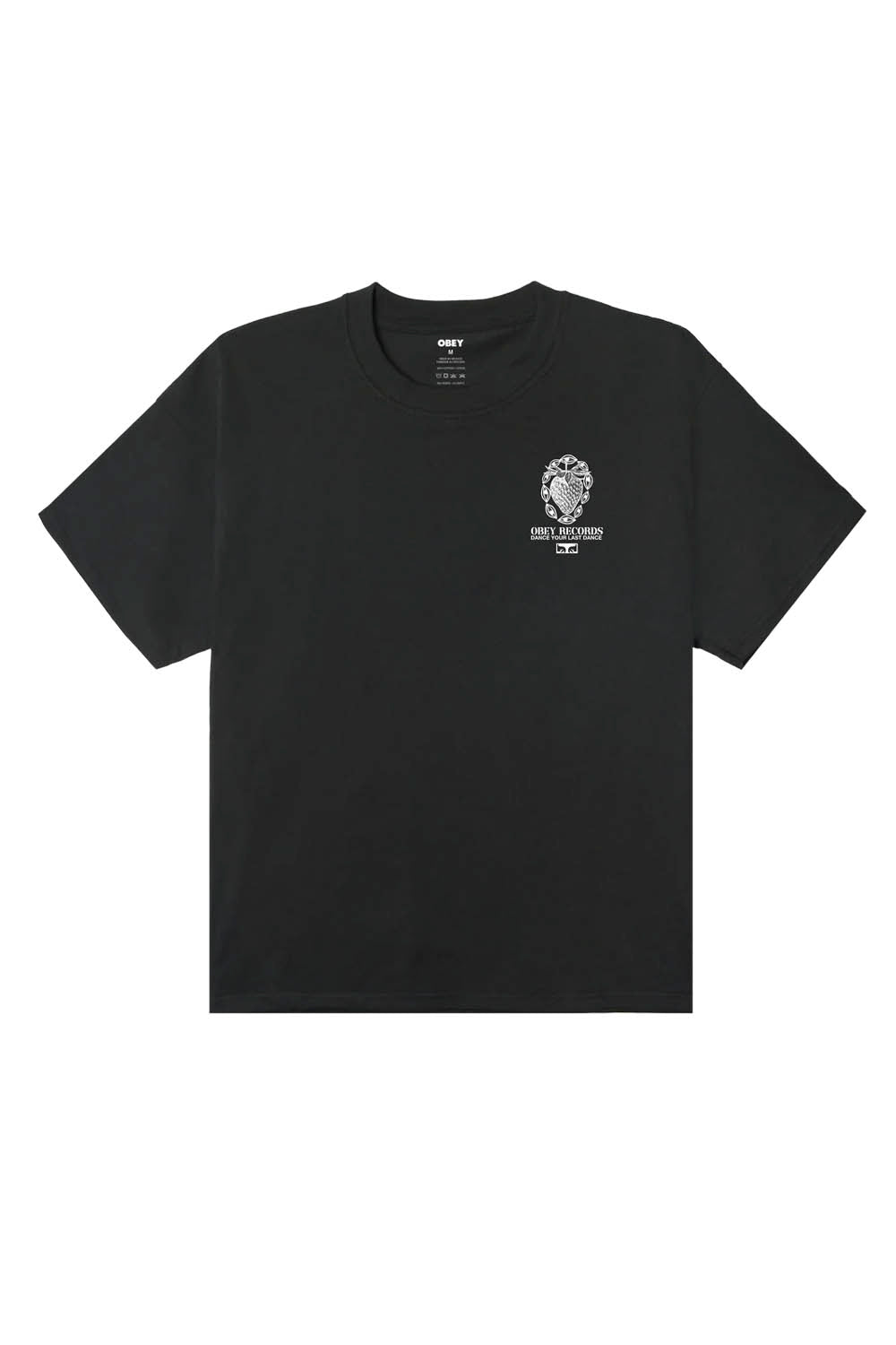 Black t-shirt with a white logo on a white background