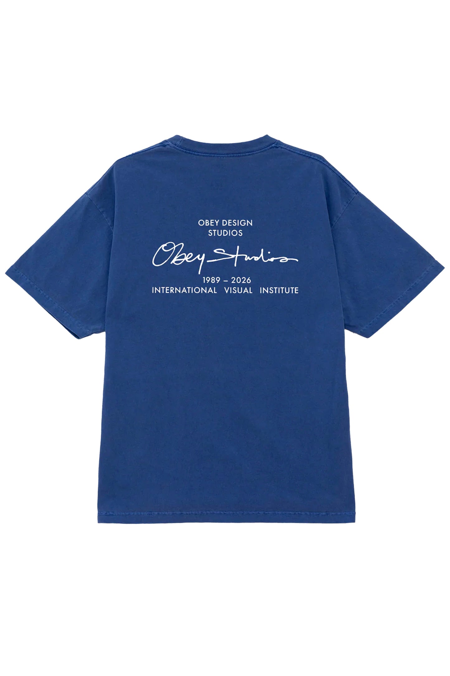Blue OBEY Institute t-shirt with white text on the back on a white background