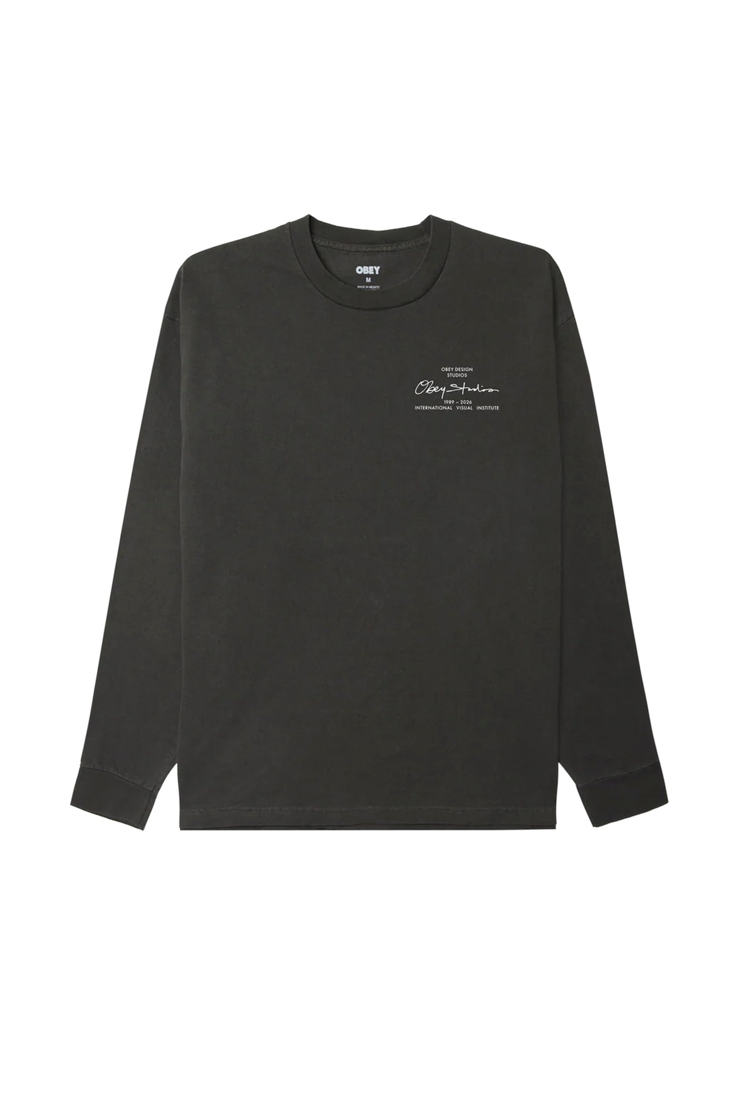 Black Obey institute long-sleeve shirt with white text on a white background