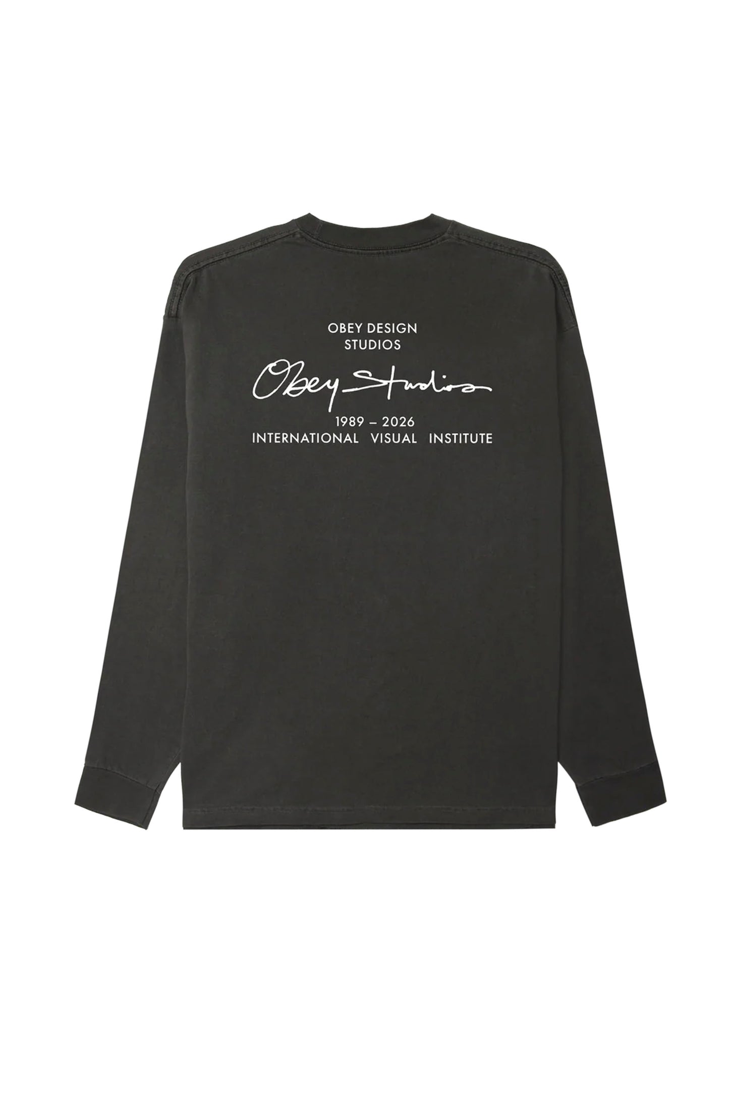 Black Obey institute long-sleeve shirt with white text on a white background