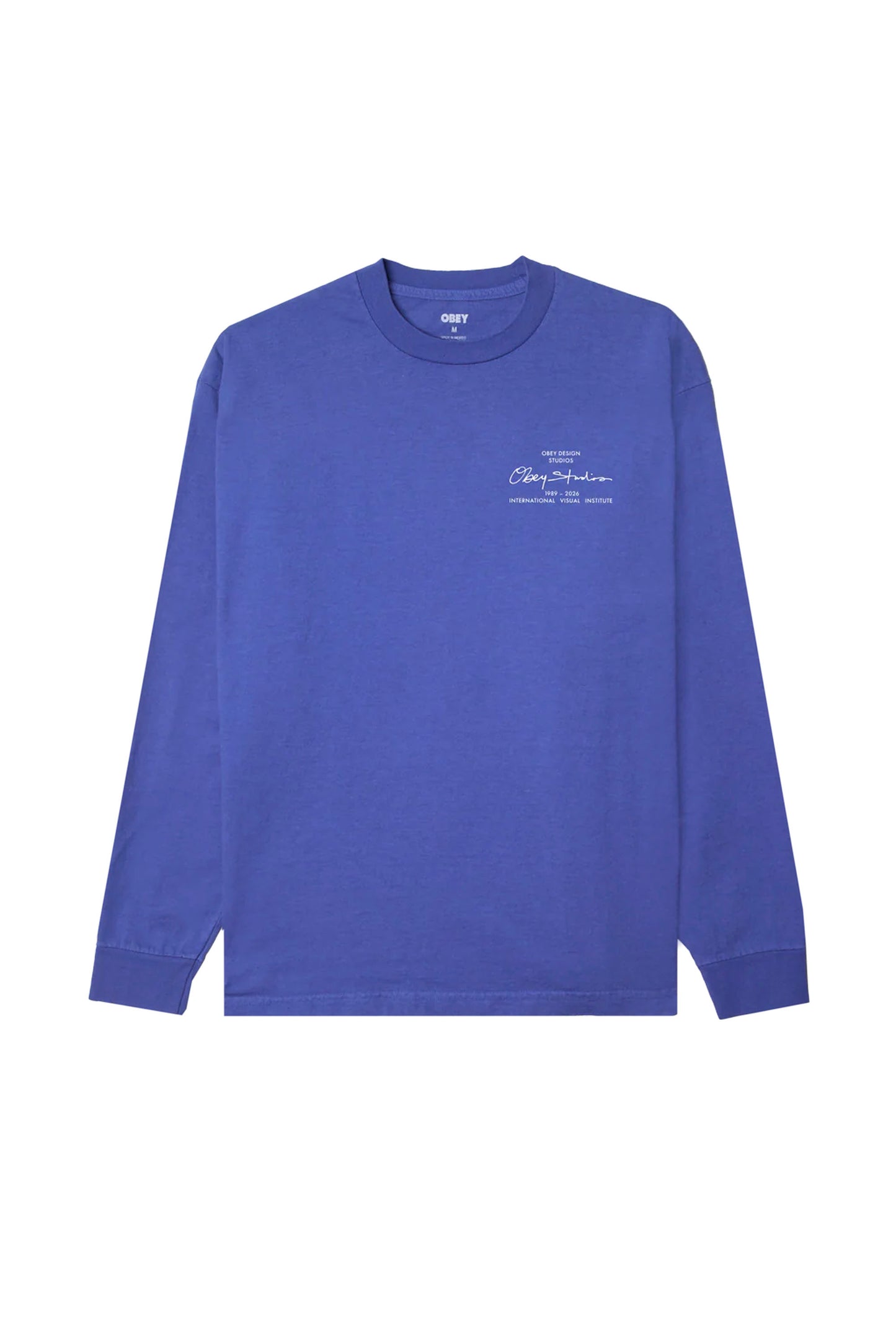 Blue long-sleeve Obey institute shirt with white text on a white background