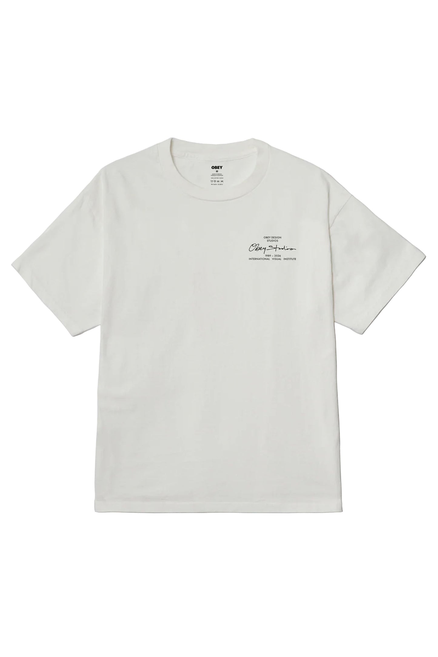 White Obey institute t-shirt with black text on a white background