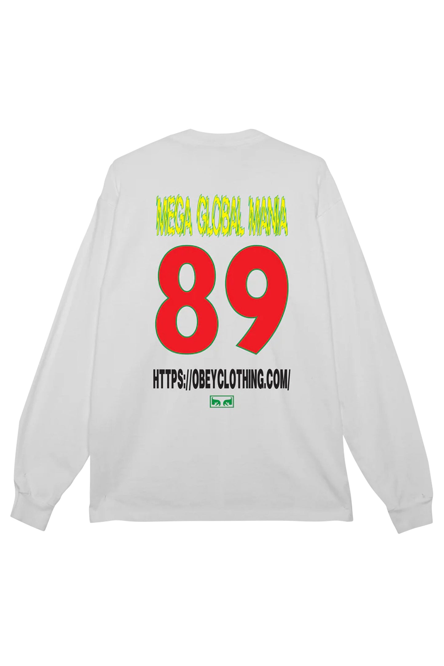 White long-sleeve shirt with colorful graphics and Obey logo Pukas Surf Shop