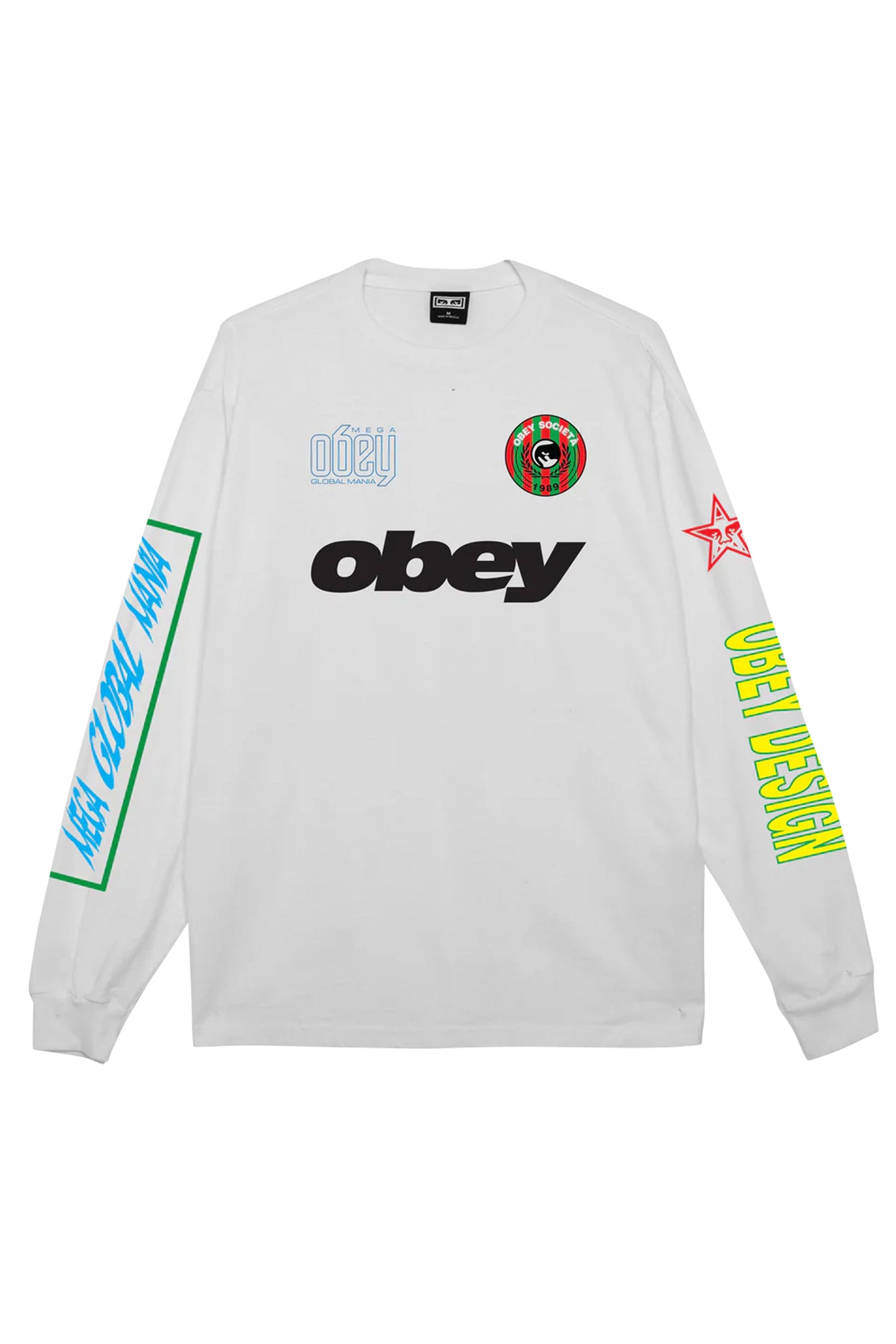 White long-sleeve shirt with colorful graphics and Obey logo Pukas Surf Shop