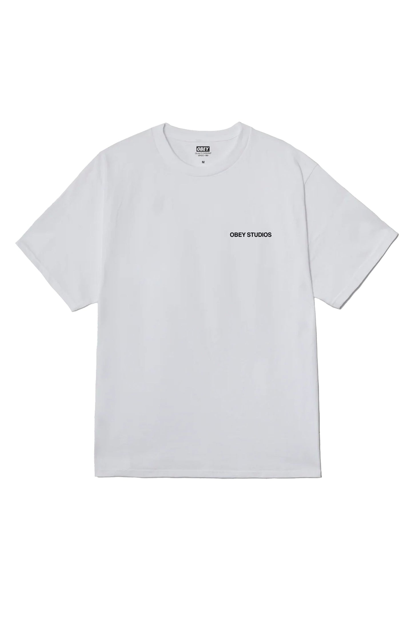 White OBEY Moves of Life t-shirt with 'Obey Studios' logo on a white background