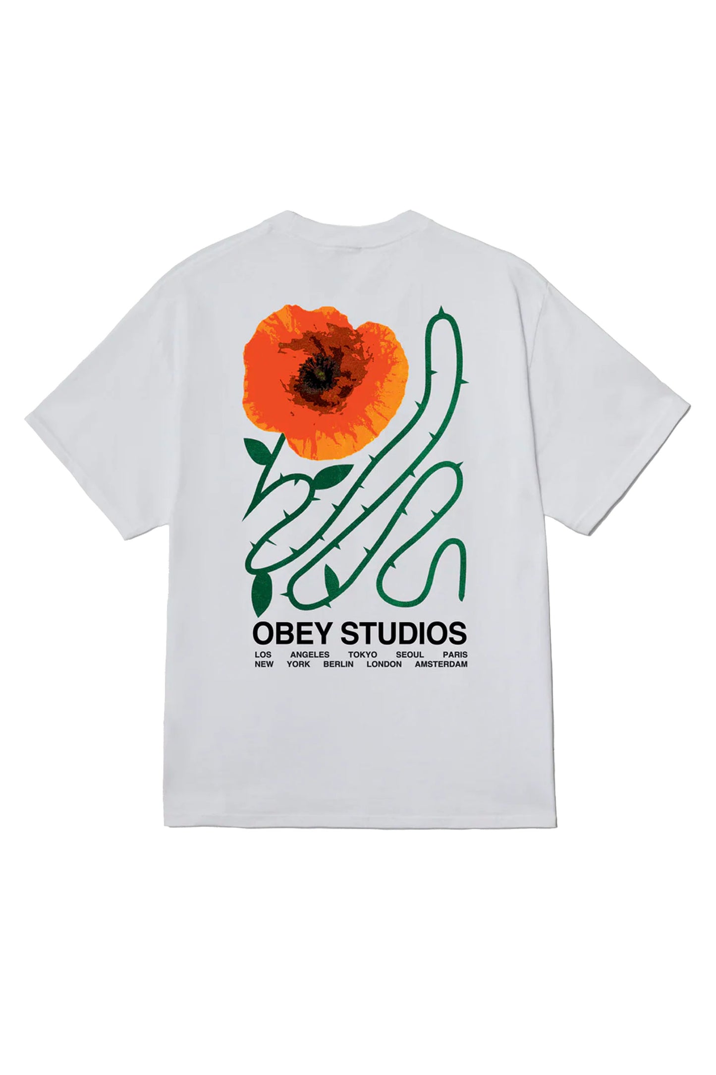 White OBEY Moves of Life t-shirt with a floral design and 'Obey Studios' text on a white background
