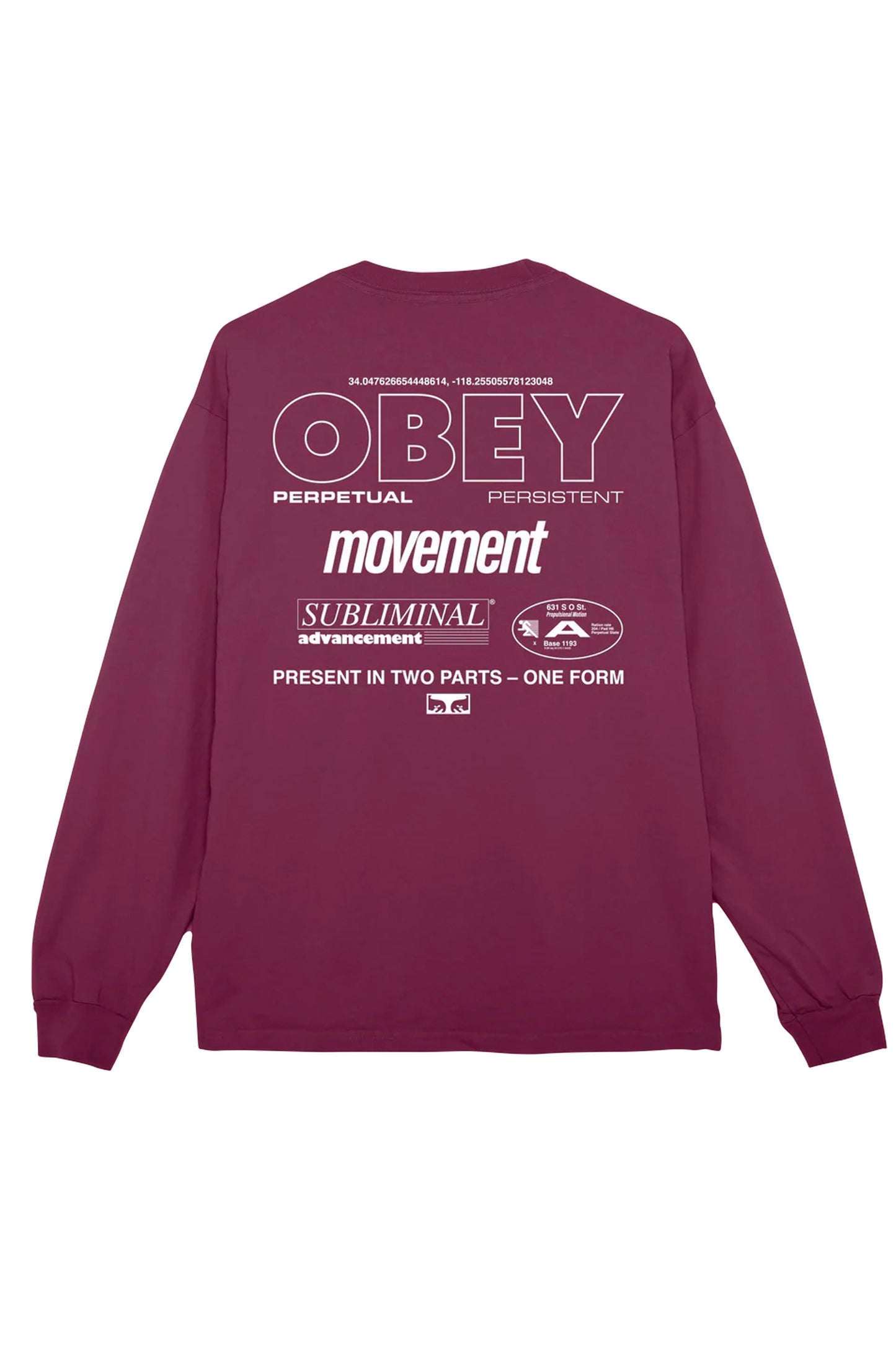 Obey Maroon long-sleeve shirt with white text Pukas Surf Shop