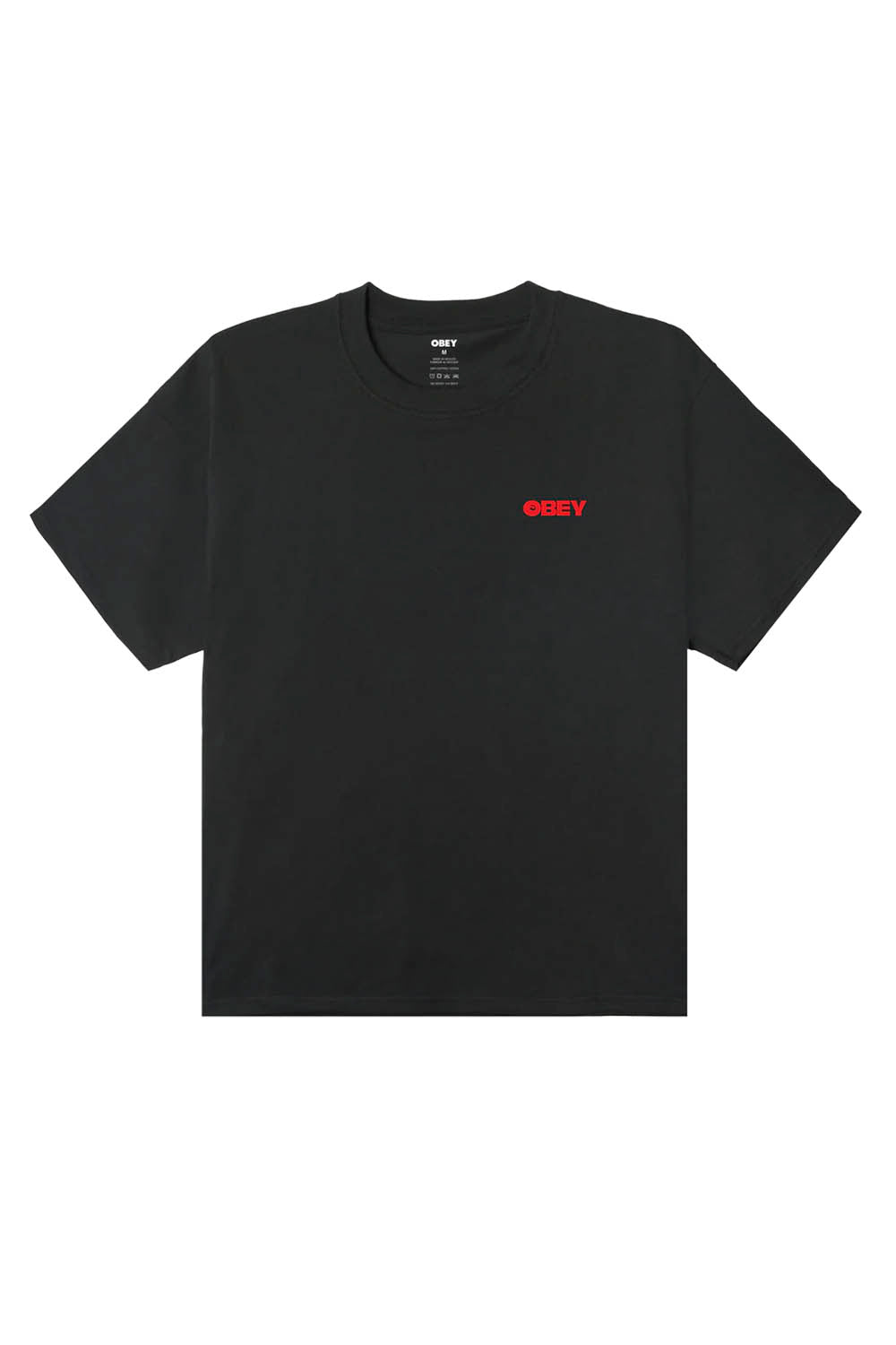 Black t-shirt with a red logo on a white background