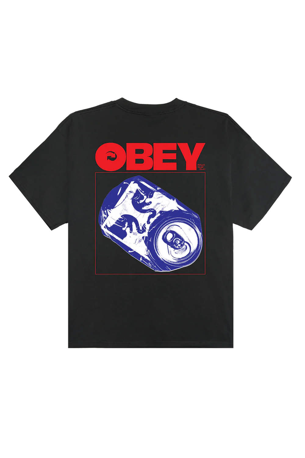Black t-shirt with 'OBEY' logo and graphic design on a white background