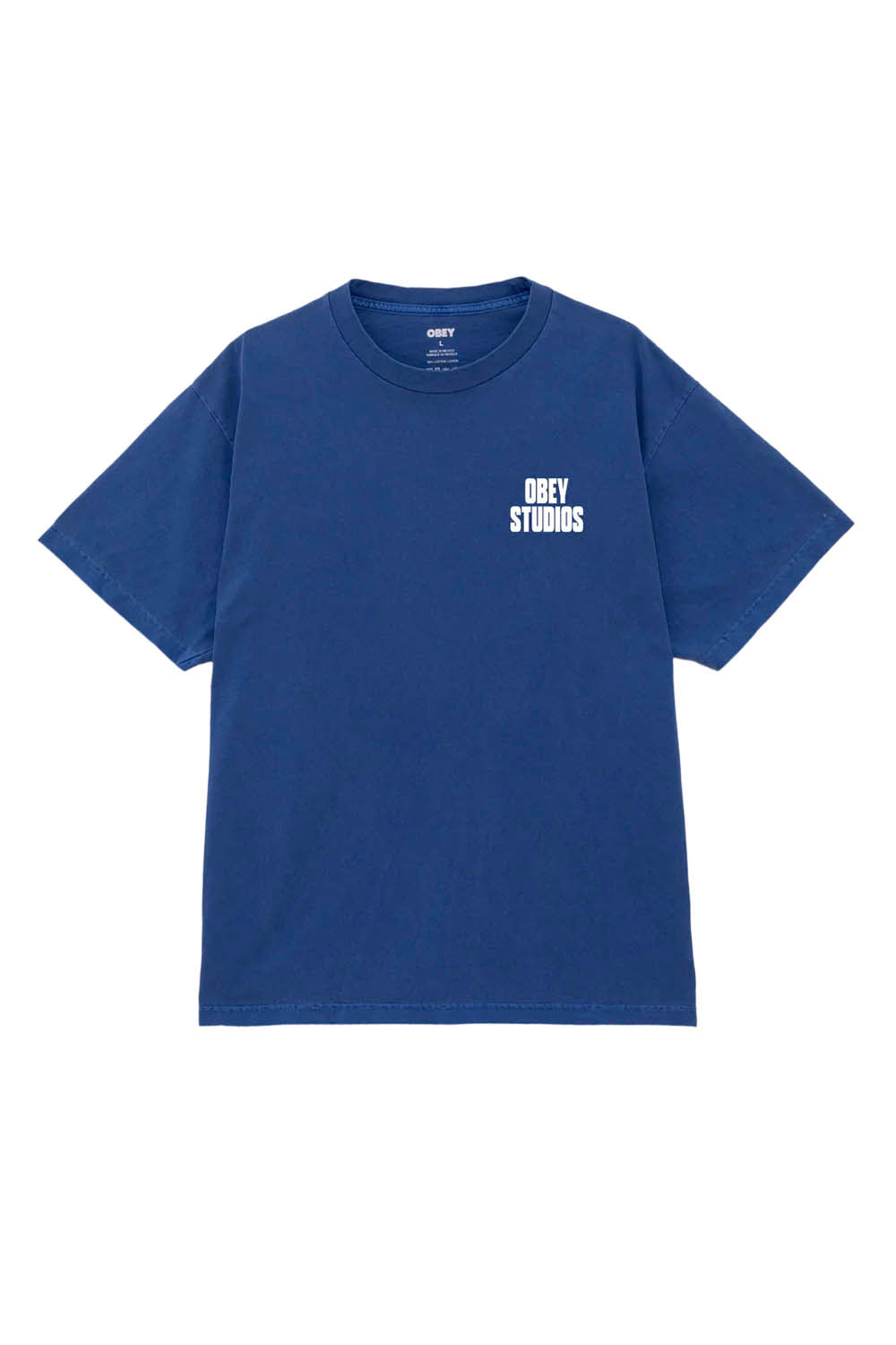 Blue t-shirt with 'OBEY STUDIOS' text and logo on a white background