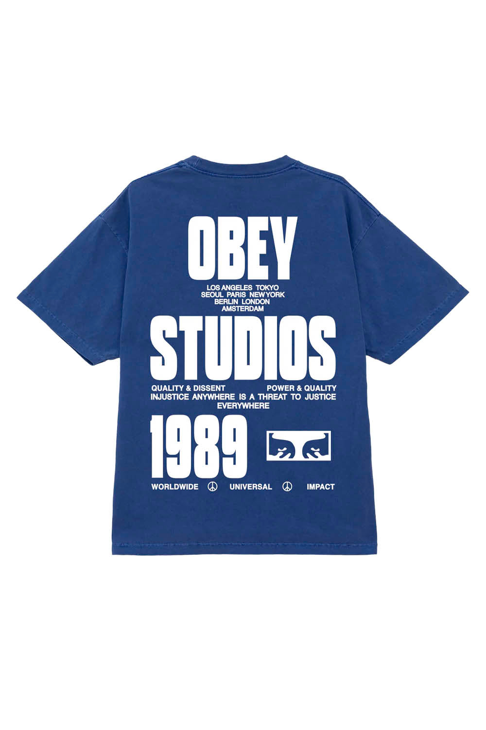 Blue t-shirt with 'OBEY STUDIOS' text and logo on a white background