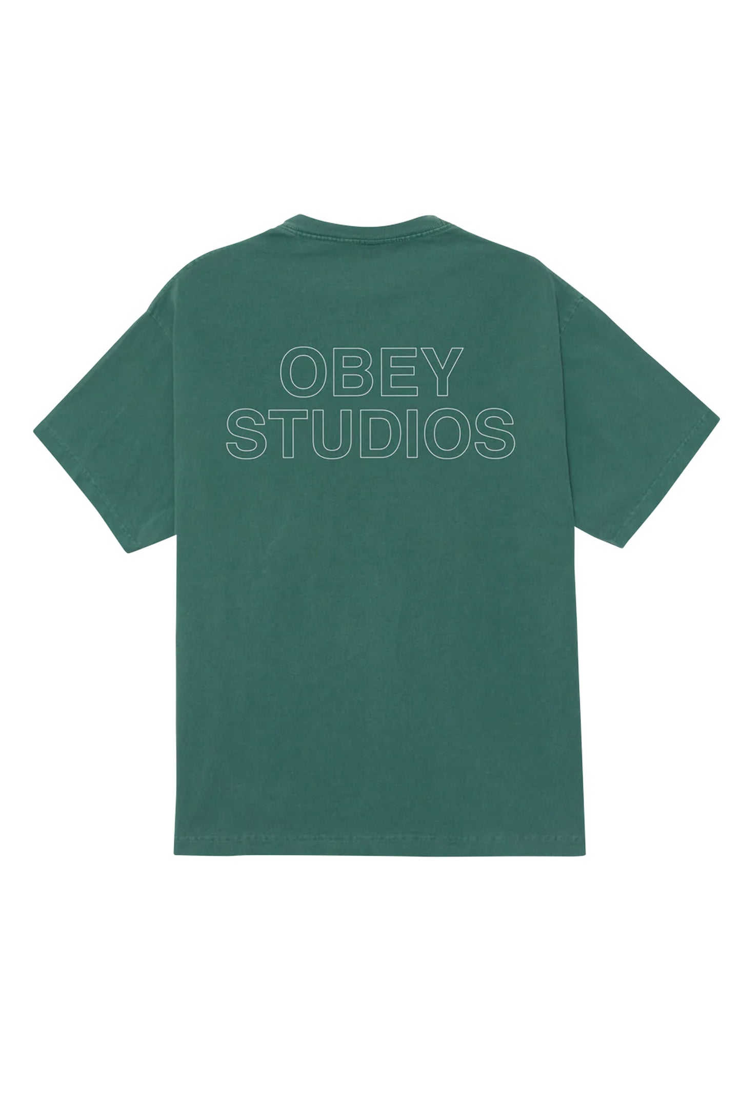 Obey Green t-shirt with 'Obey Studios' text on the back Pukas Surf Shop
