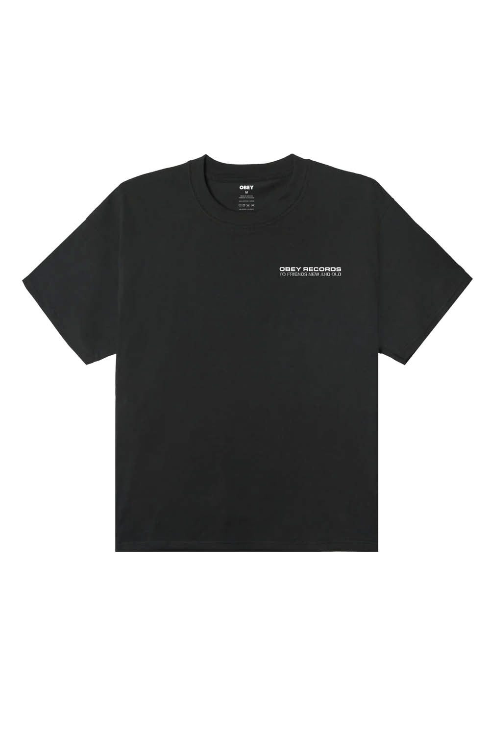 Black t-shirt with a logo on a white background