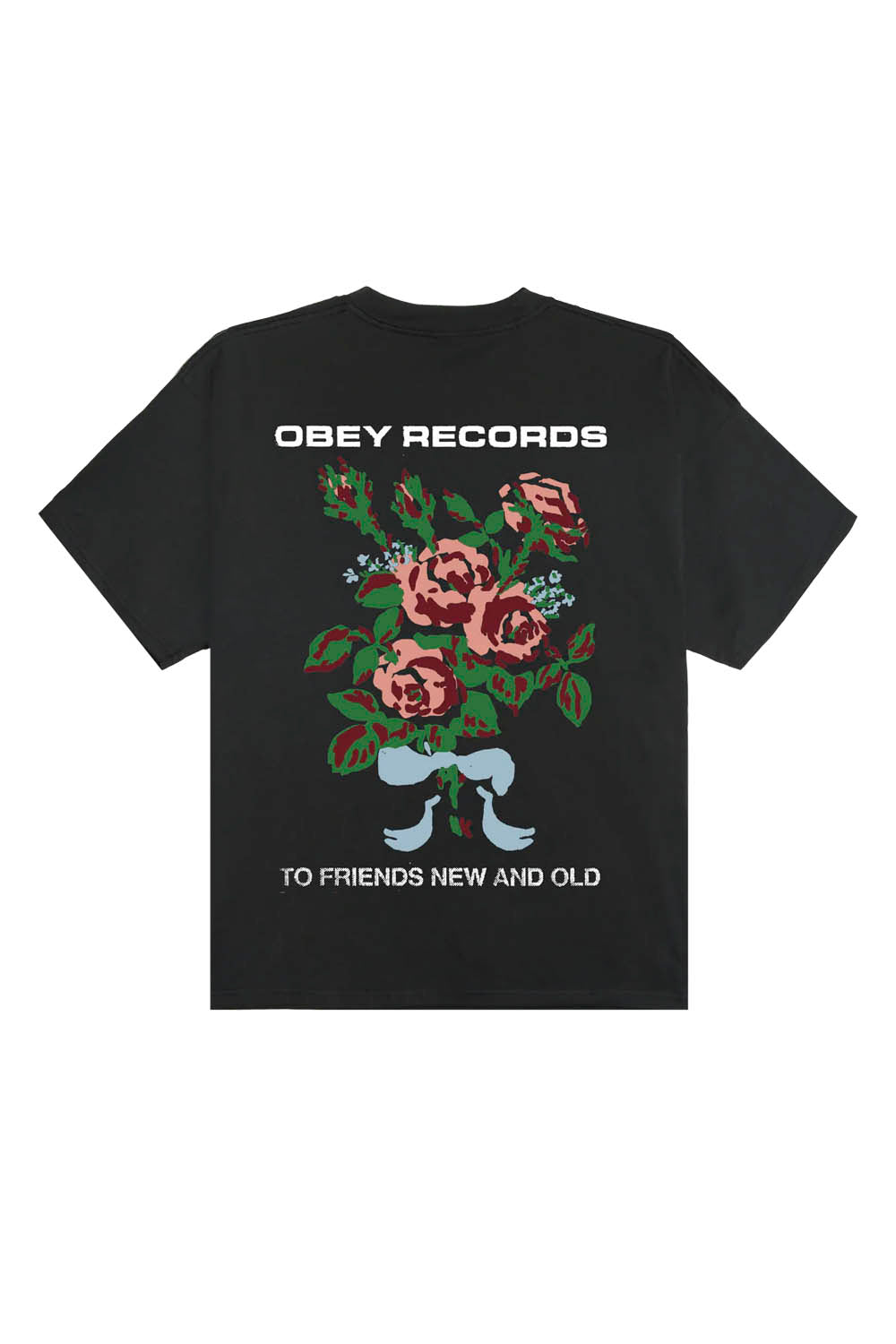 Black t-shirt with floral design and 'Obey Records' text on a white background