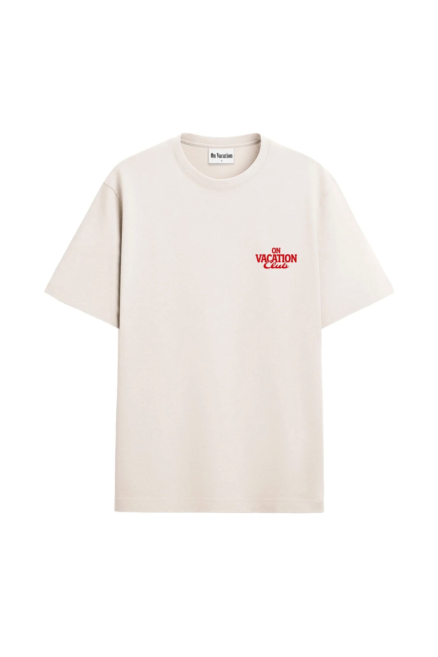 White t-shirt with red logo on a white background