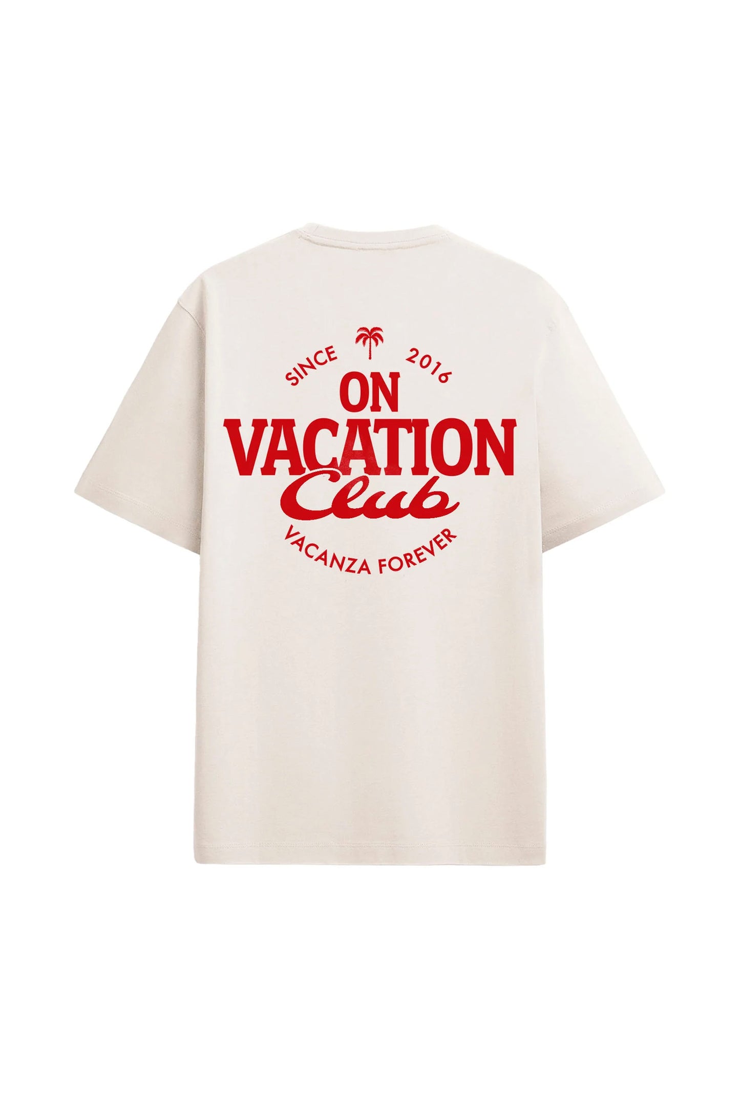 White t-shirt with red text 'On Vacation Club' on a white background