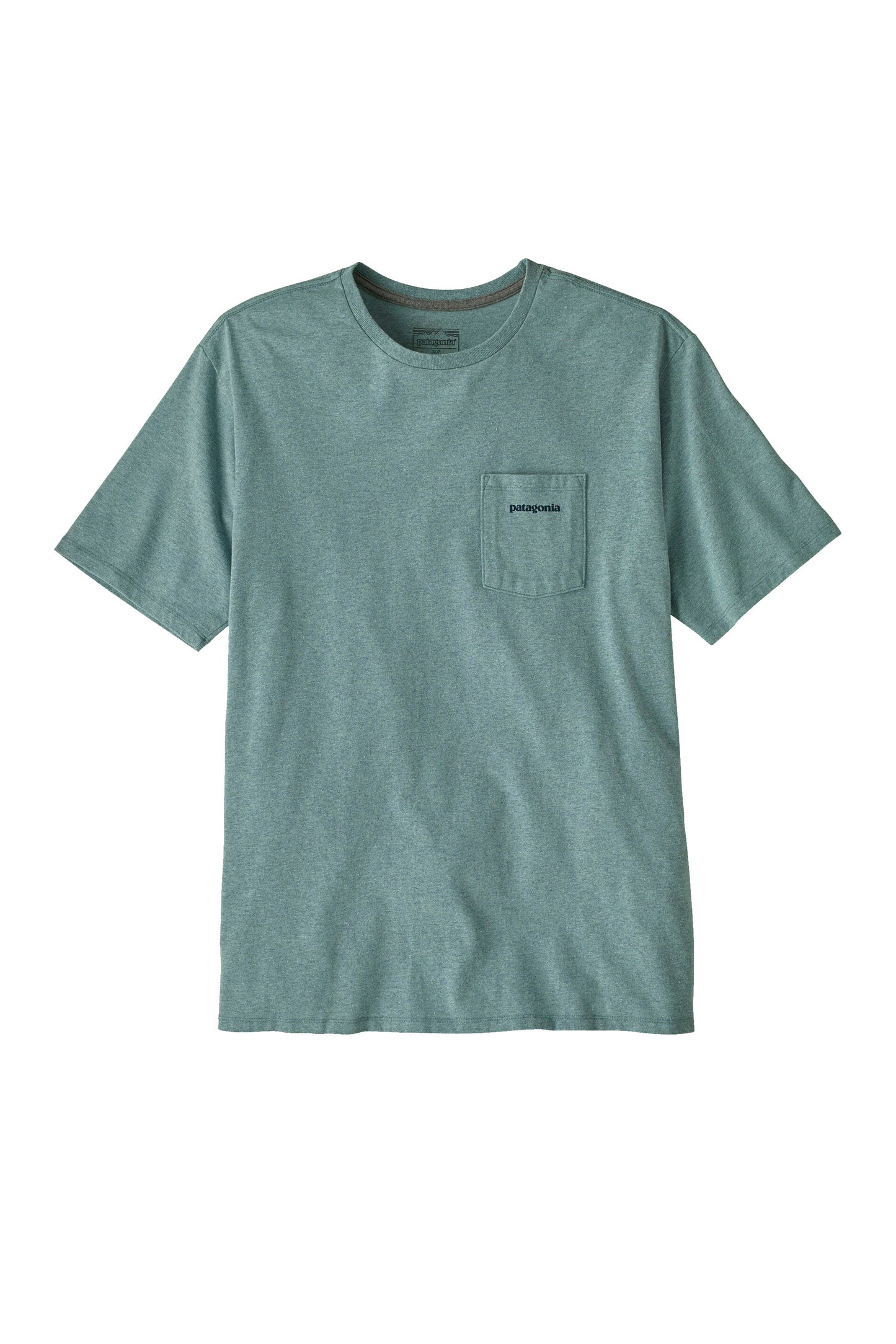 Blue sage Patagonia t-shirt with a pocket on a white background