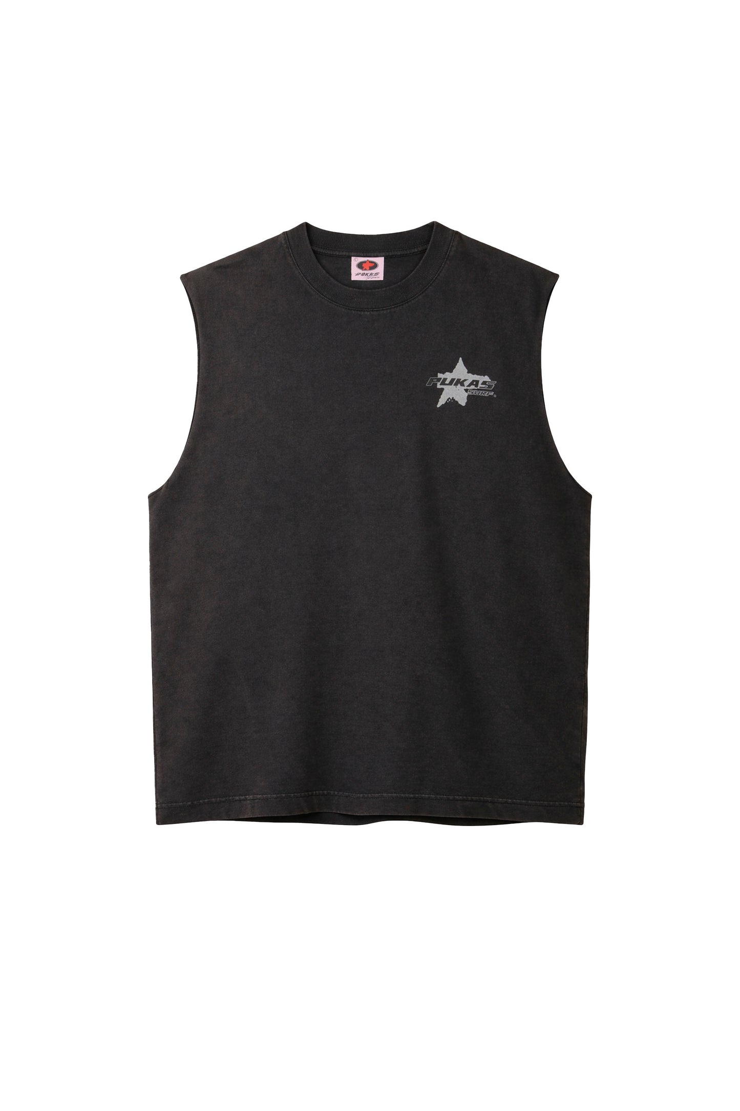 Black sleeveless shirt with a logo on a white background