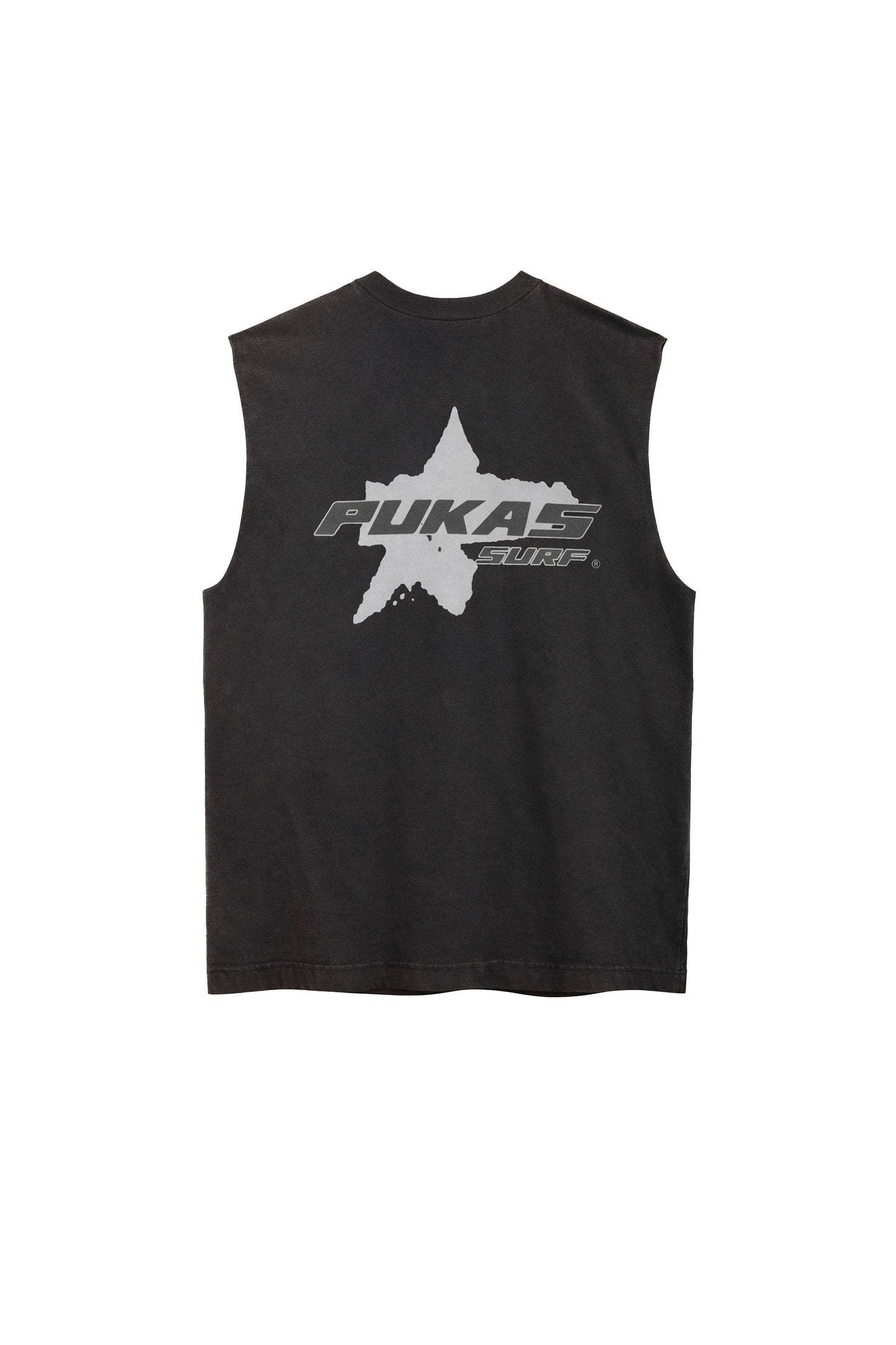 Black sleeveless shirt with a white star and text design on a white background