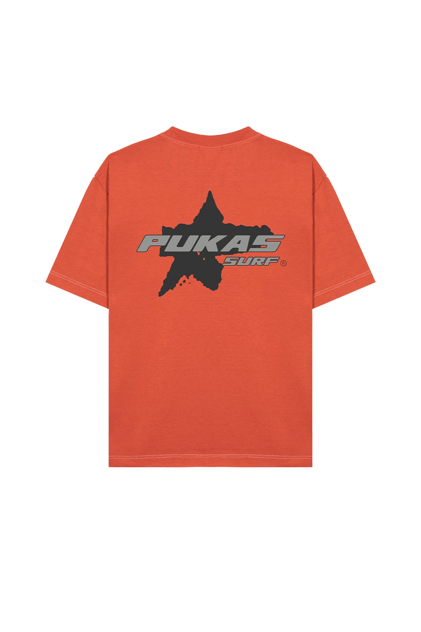 Orange t-shirt with Pukas Surf logo on a white background