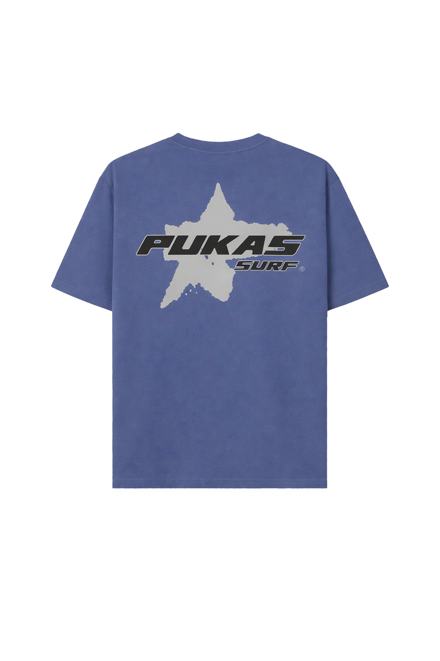 Blue t-shirt with Pukas Surf logo on a white background