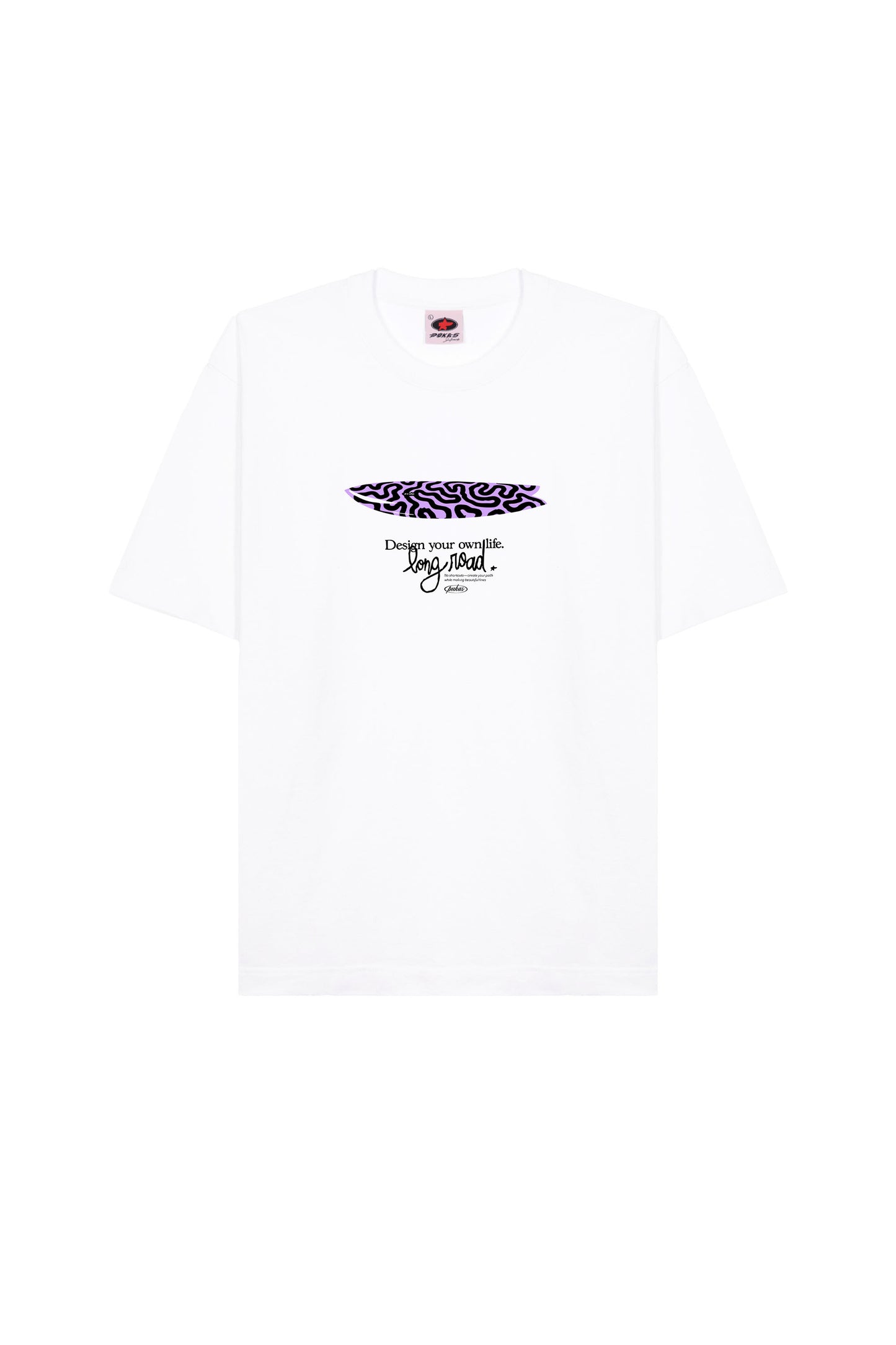 White t-shirt with a surfboard design and text on a white background
