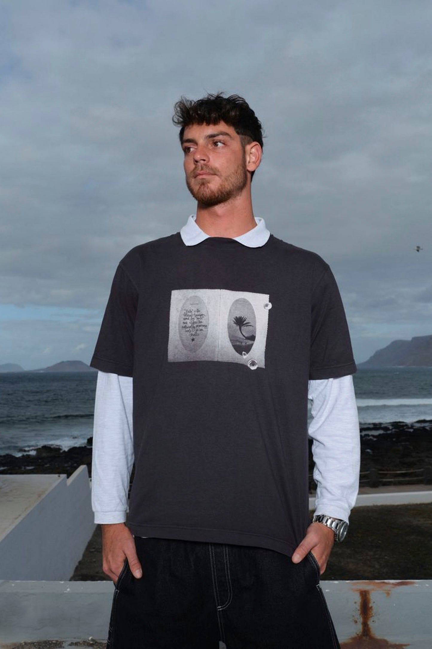 PUKAS Island Holidays Tee in charcoal - tropical surf apparel for men
