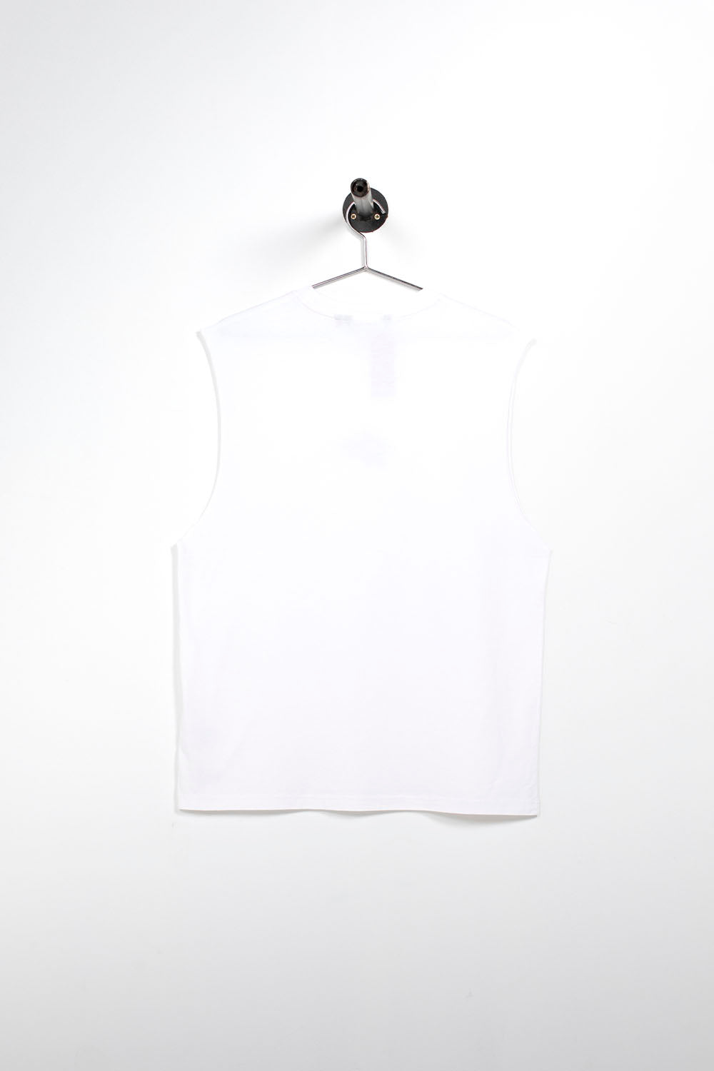 A plain white sleeveless top hanging on a metal hanger against a clean white background.