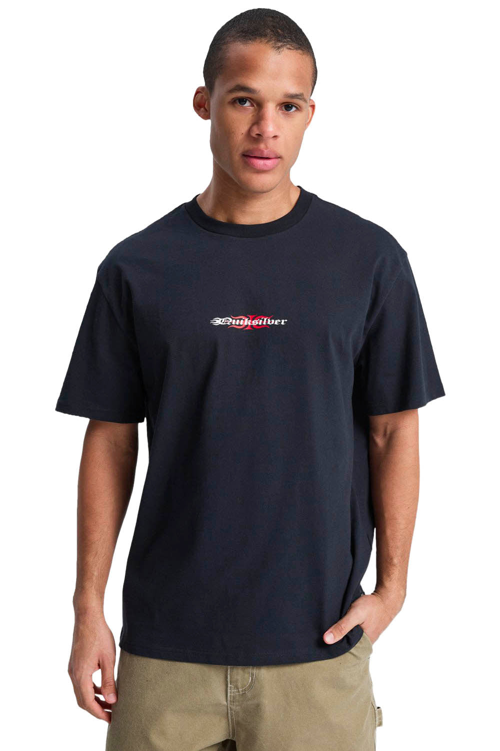 Man wearing a black t-shirt with a logo on a white background