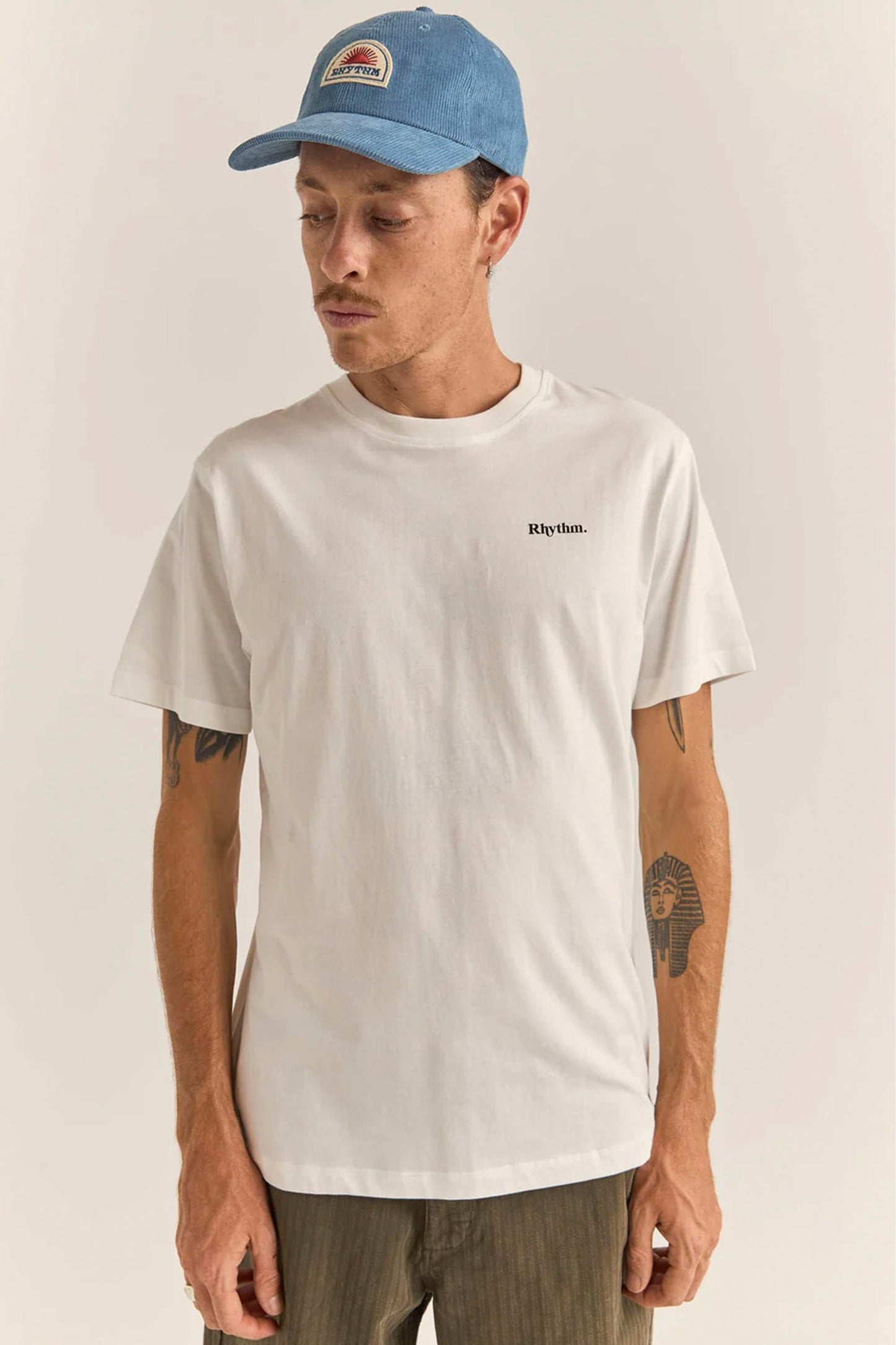 RHYTHM Brand Tee in white - organic cotton t-shirt with standard fit and script logo for men